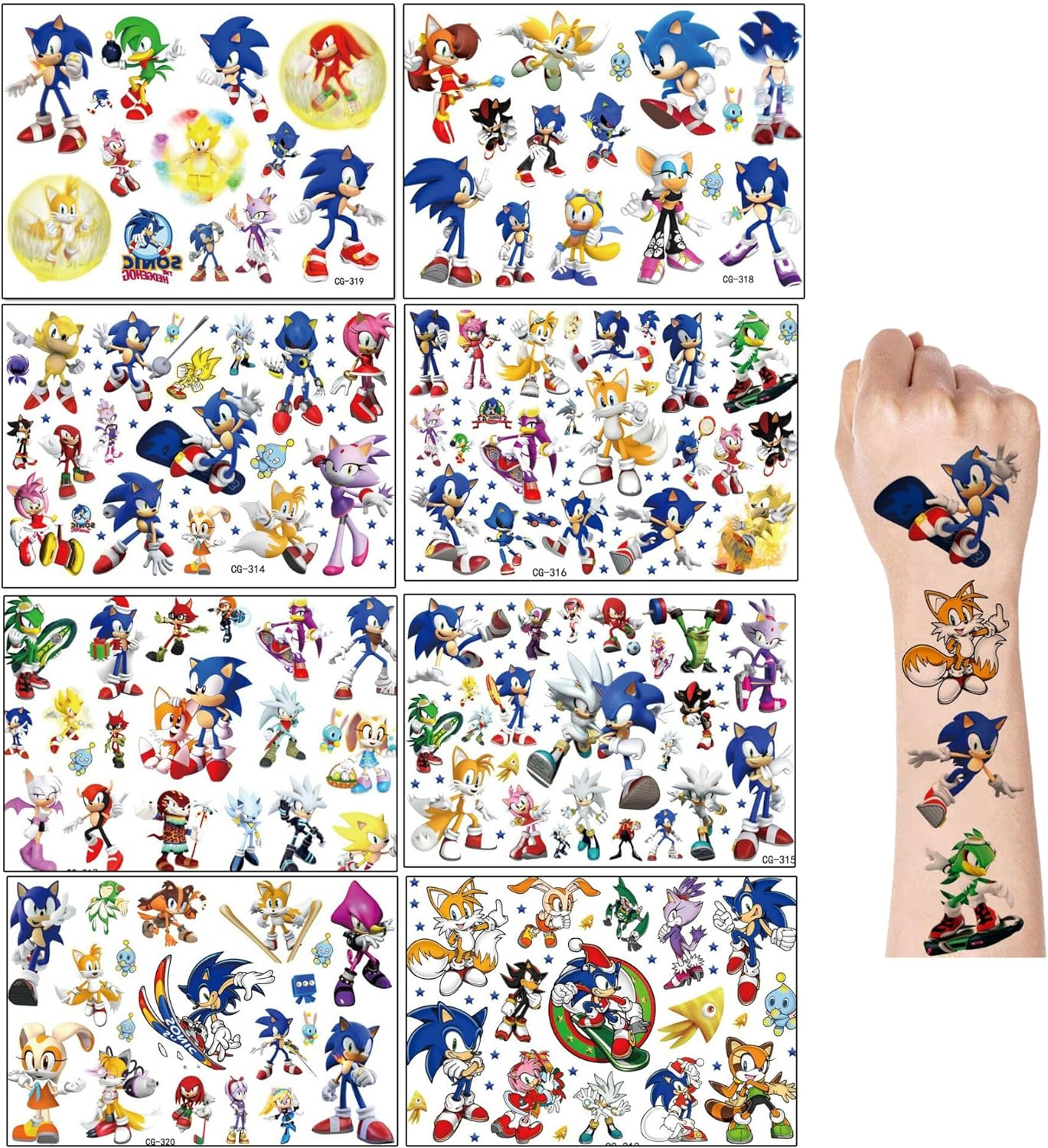 Sonic Temporary Tattoo, 8 Sheets Cute Temporary Tattoos for Kids, Birthday Party Supplies Cartoon Fake Tattoos Stickers Party Favors for Kids Boys Girls image number 1