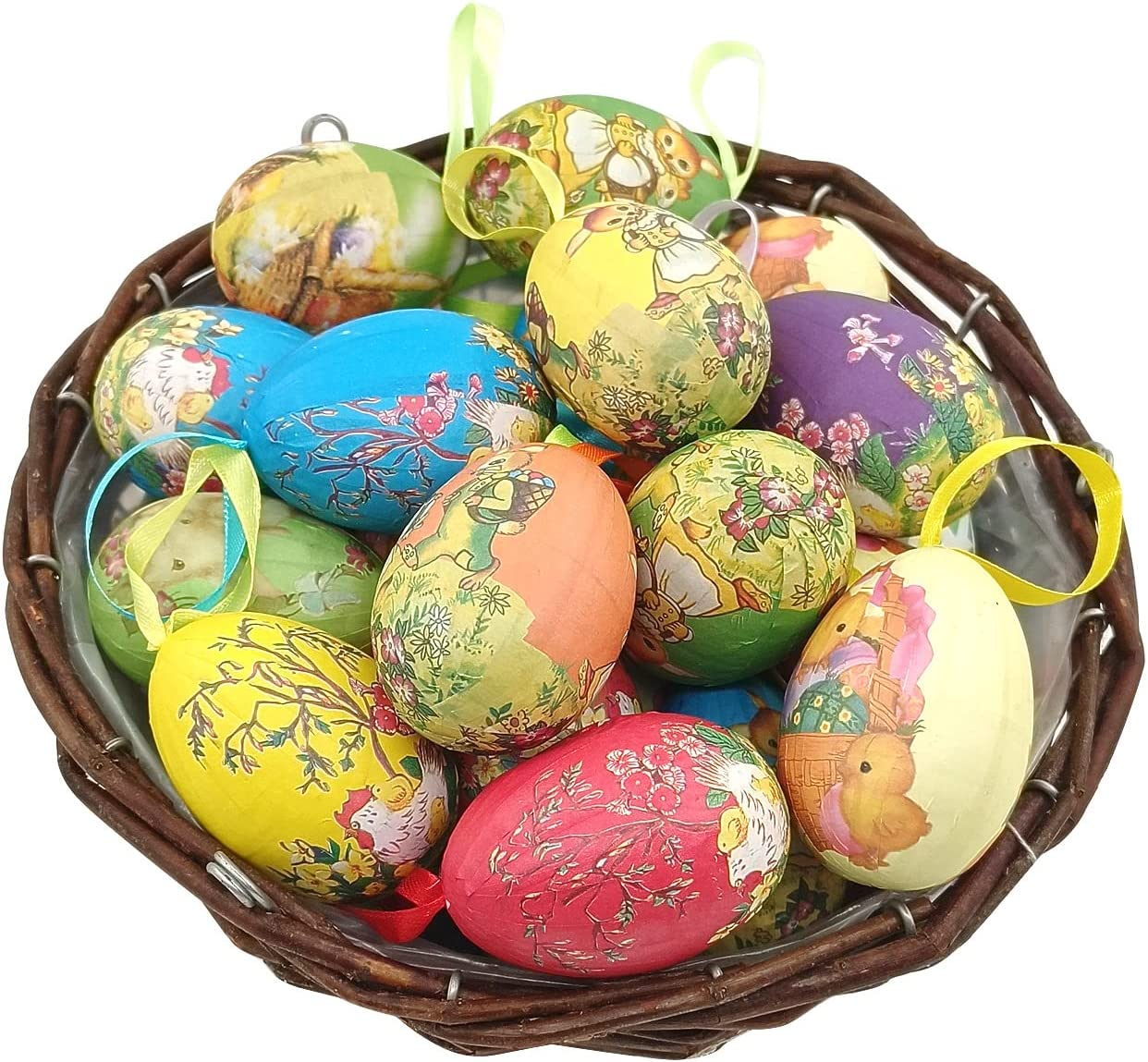 Gardeningwill 12Pcs New Vintage Style Paper Mache Egg Hanging Ornaments Easter Decoration image number 1