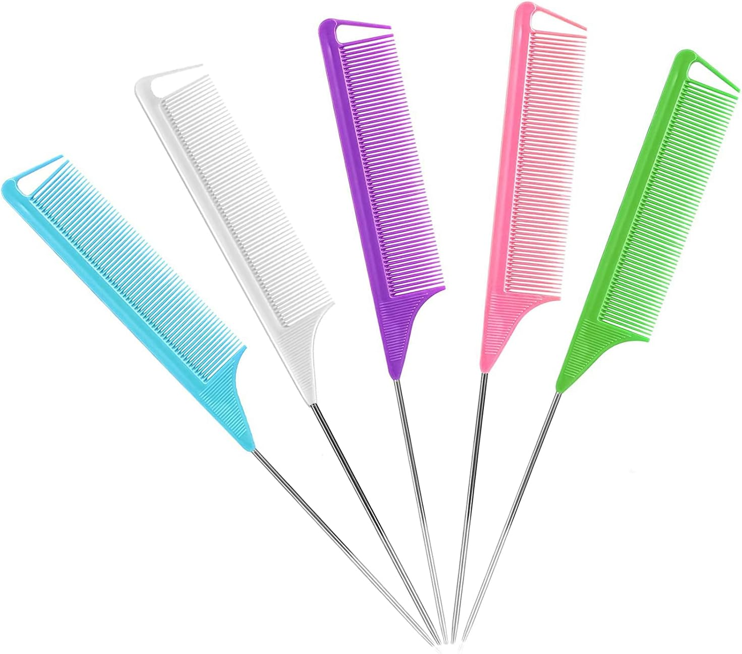 Rat Tail Comb for Hair Stylist: 5Pcs Parting Comb for Braids, Metal Long Steel Pin Rat Tail Teasing Combs, Professional Hair Salon Quality,Combs for Women (F Style) image number 4