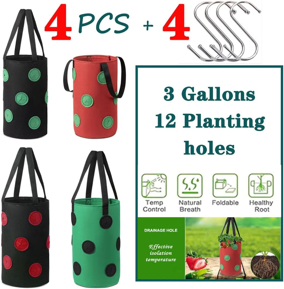 4 Pcs Upside down Strawberry Planter 3 Gallon Hanging Strawberry Planter Bags and 4 Hooks, Sturdy Hanging Handle Thickened Breathable Felt Cloth for Herb Tomato Hot Peppers Vegetables (4Pcs 3Gal) image number 1