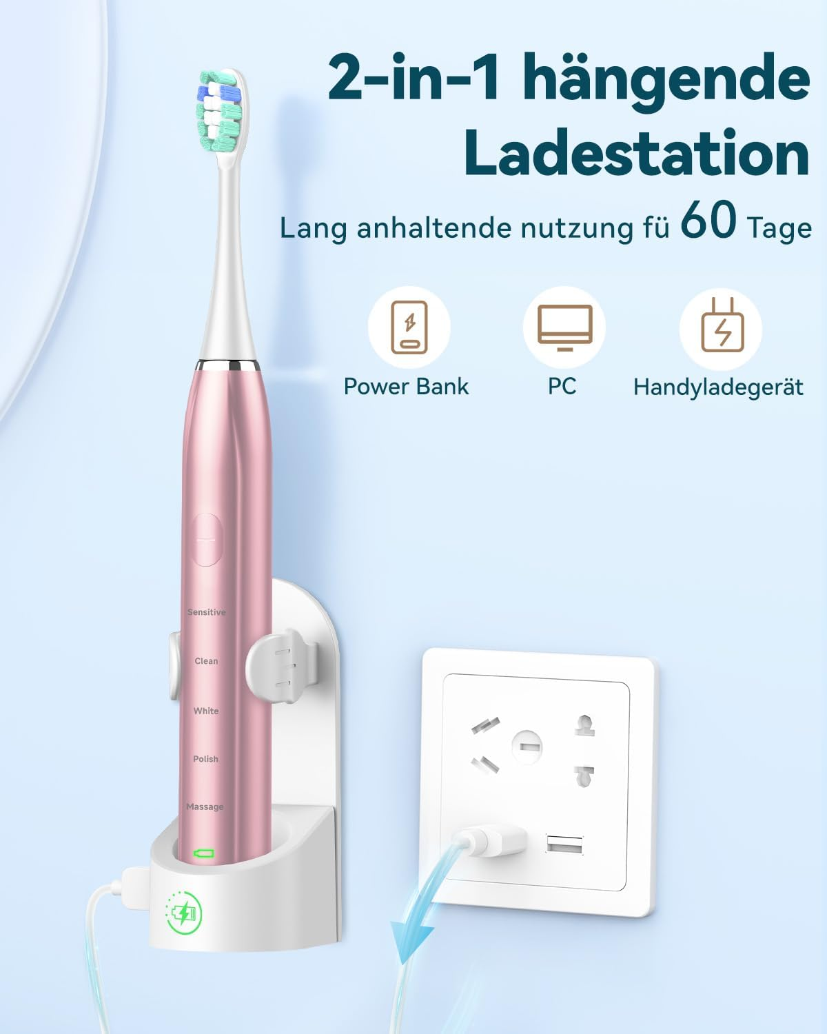 Sonic Electric Toothbrush Sonic Toothbrush - COULAX Travel Toothbrushes Electric Sonic Toothbrush, Shcall Electric Toothbrush with 8 Heads, 5 Modes, Timer, Rose Gold image number 6