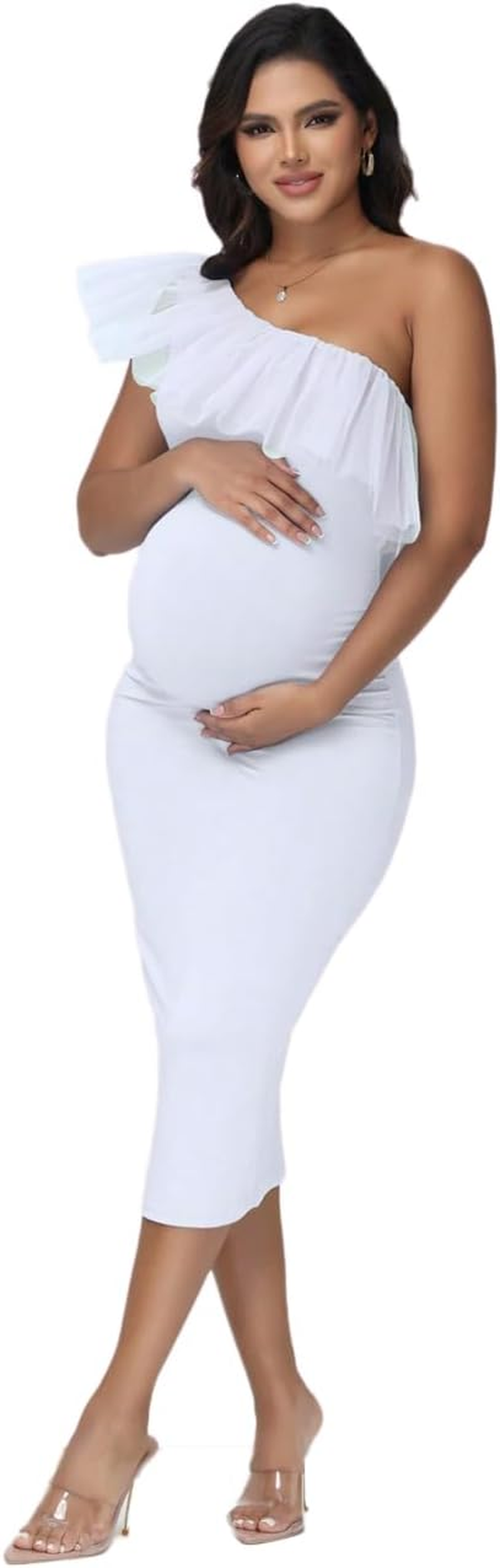 Justvh Women'S Maternity One Shoulder Mesh Collar Baby Shower Midi Dress for Photoshoot Party Bodycon Dress