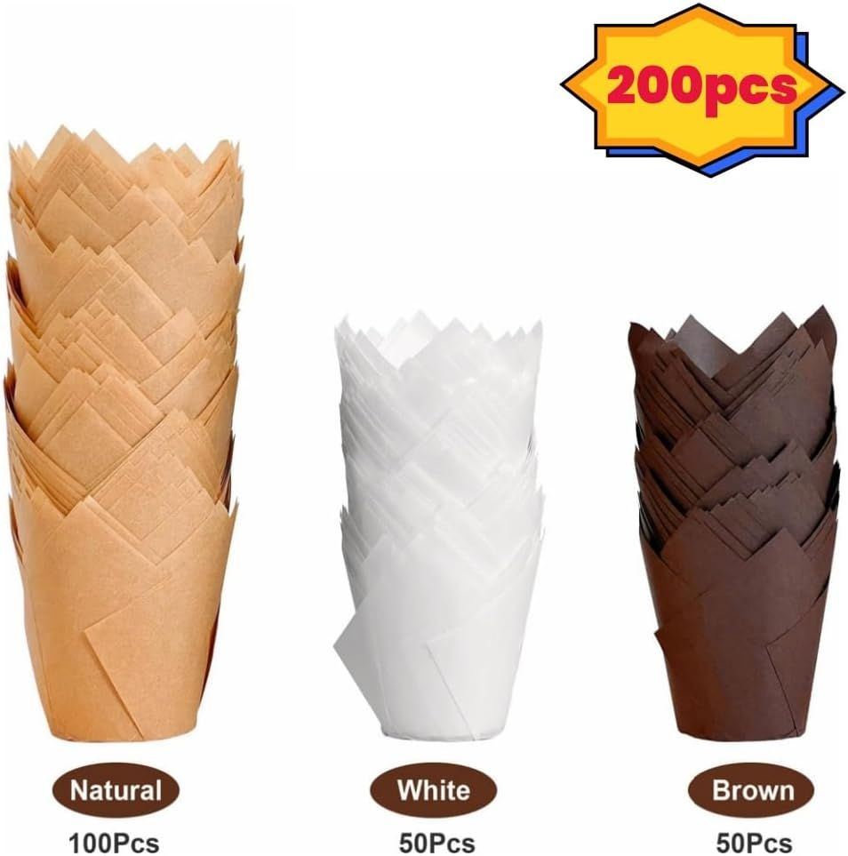 Tulip Cupcake Liners, 200Pcs Baking Paper Cups, Cupcake Muffin Liners Wrappers, Baking Cups Muffin Tins Treat Cups for Weddings, Birthdays 2Inch (Brown, Natural and White) image number 2