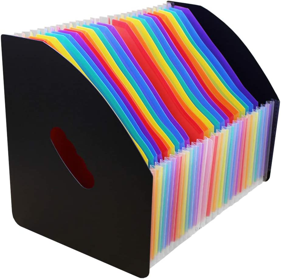 SAYEEC Clearance 24 Pockets Accordion File Organizer Upright Desktop Expandable Magazine Holder A4 Document File Holder Letter Size Stand Organizer Black Cover