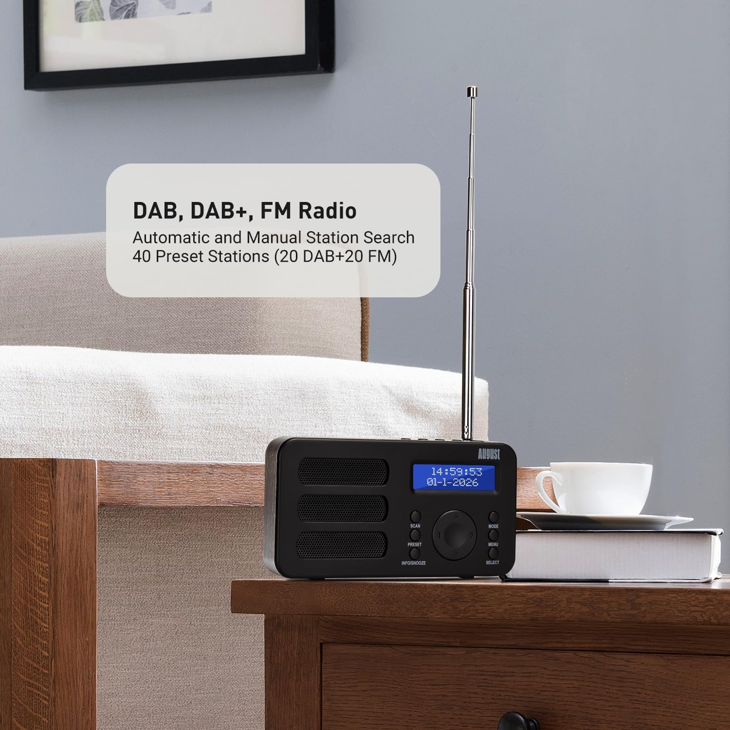 August MB225 Portable DAB Radio DAB/DAB +/FM - RDS Function, 40 Presets, Stereo/Mono Portable Digital Radio, Dual Alarm, Rechargeable Battery, Headphone Jack (Black) - Black image number 2