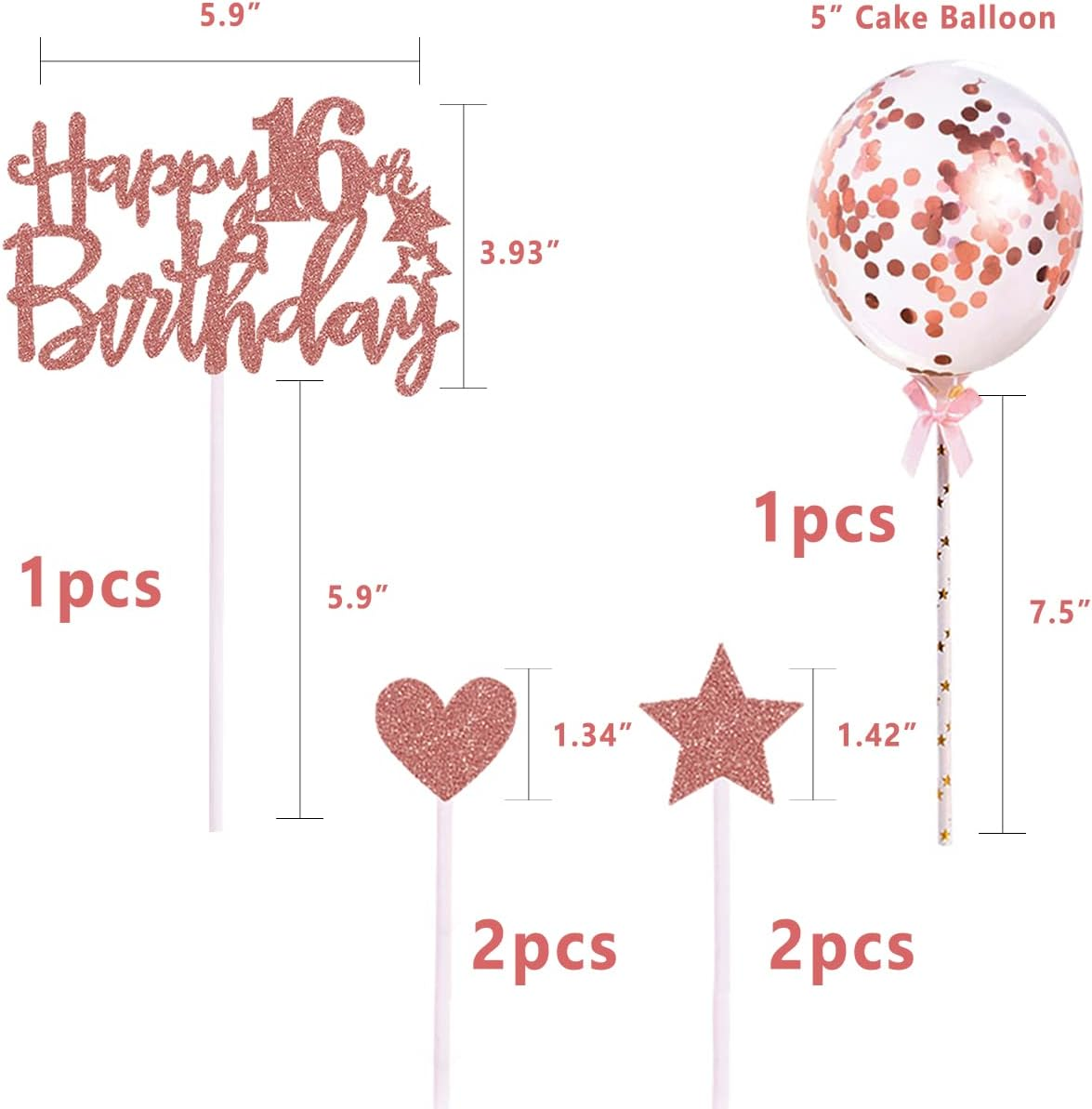 16Th Happy Birthday Cake Topper, Rose Gold Glitter 16Th Birthday Cake Topper with Balloon Cake Topper for Girl Birthday Cake Decorations image number 1