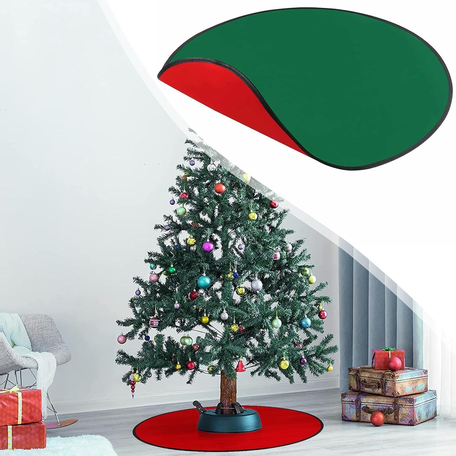 Christmas Tree Floor Protector - Waterproof Floor Protection Mat round Stand Pad - Red and Green Stand Pad Floor Rug for under Tree Winter Christmas image number 2