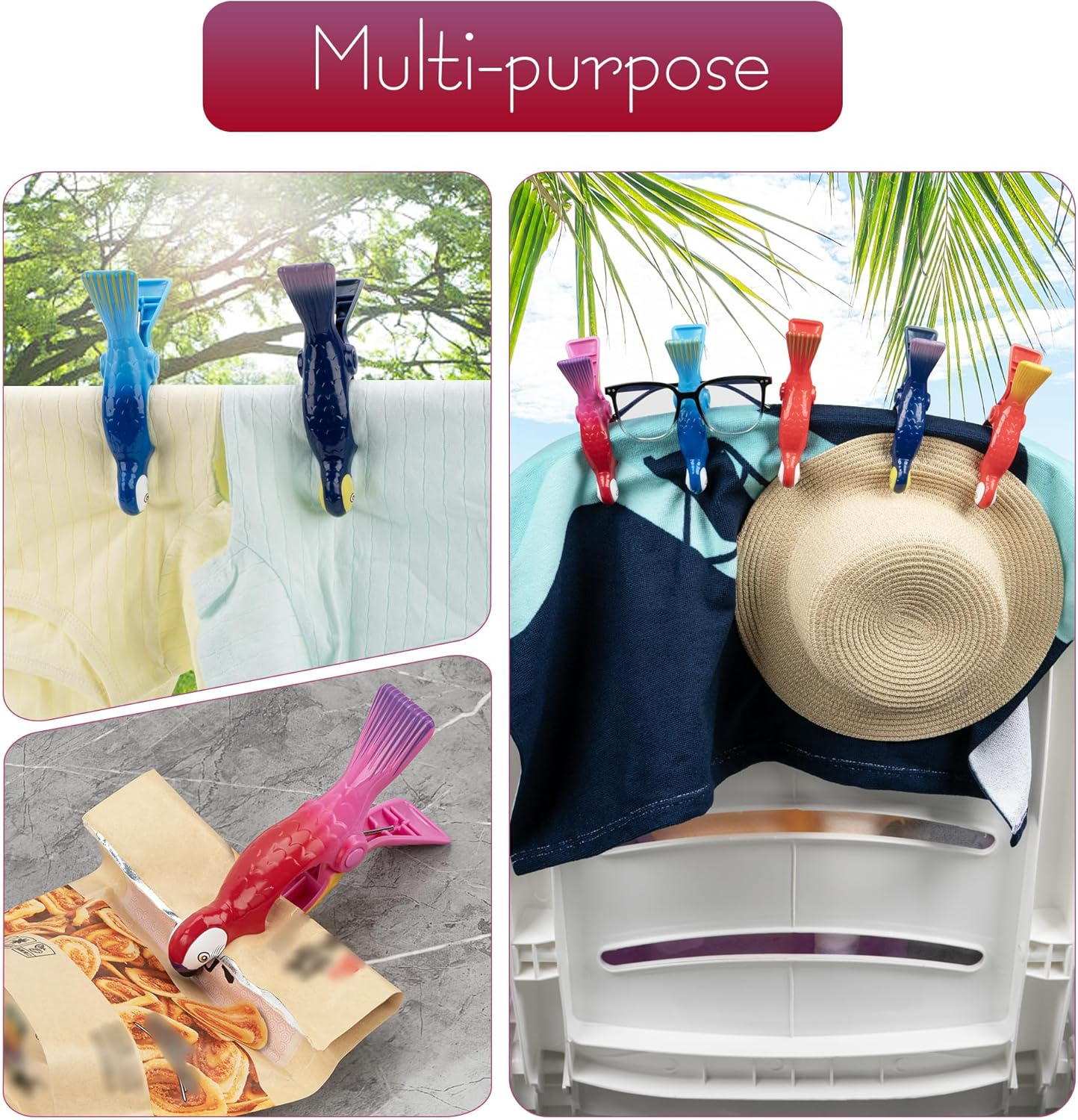 SHIDOW Beach Towel Clips, Jumbo Size Towel Clips for Beach Chairs Cruise Pool Patio or Daily Use Secure Hang Seal, Set of 10 (Parrot,5 Style) image number 3