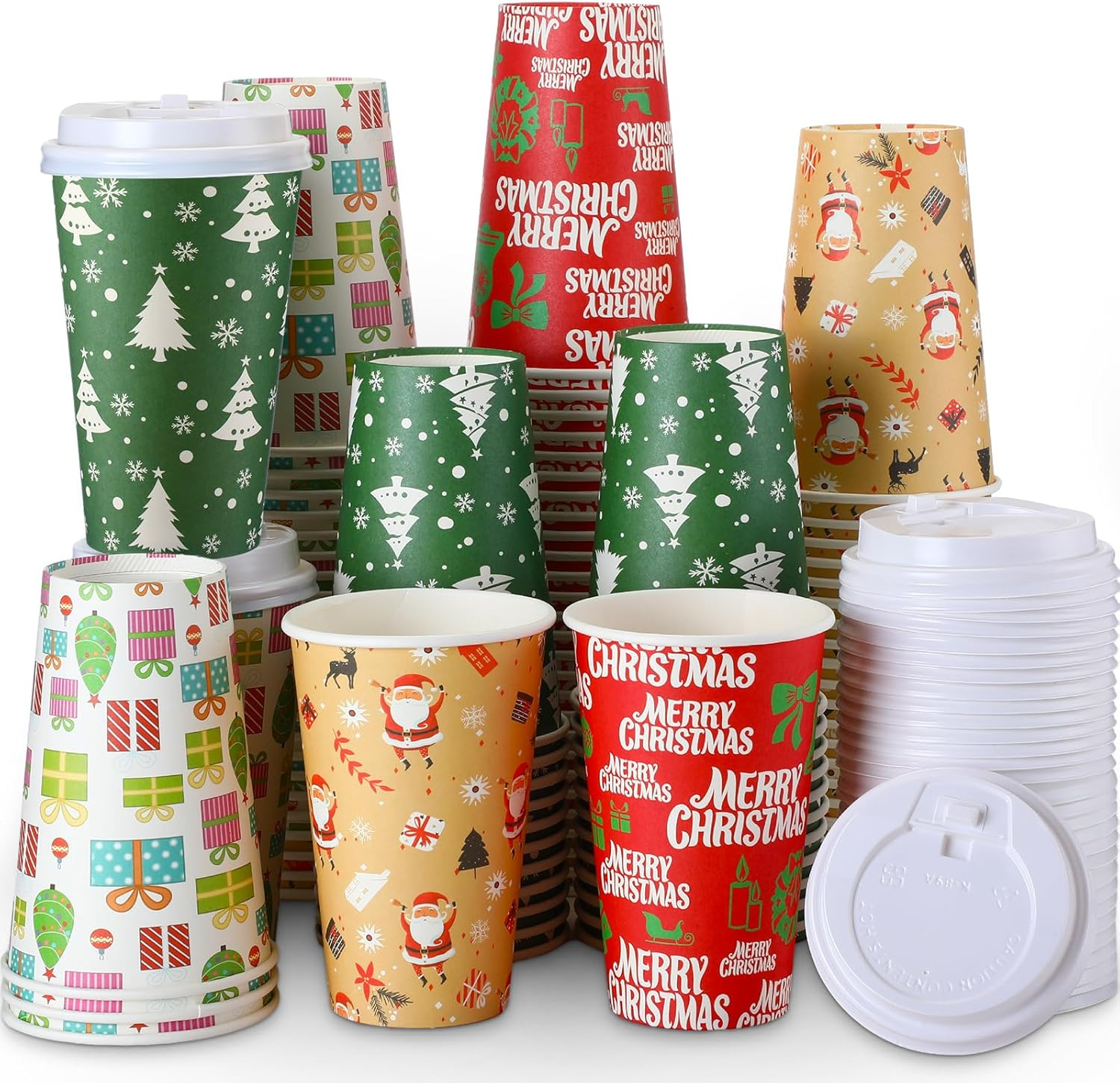 Zhehao 100 Pcs Christmas Paper Cups with Lids 16 Oz Disposable Hot Chocolate Cups Xmas Hot Cocoa Party Supplies for Coffee Tea Water Hot Cold Beverages image number 5