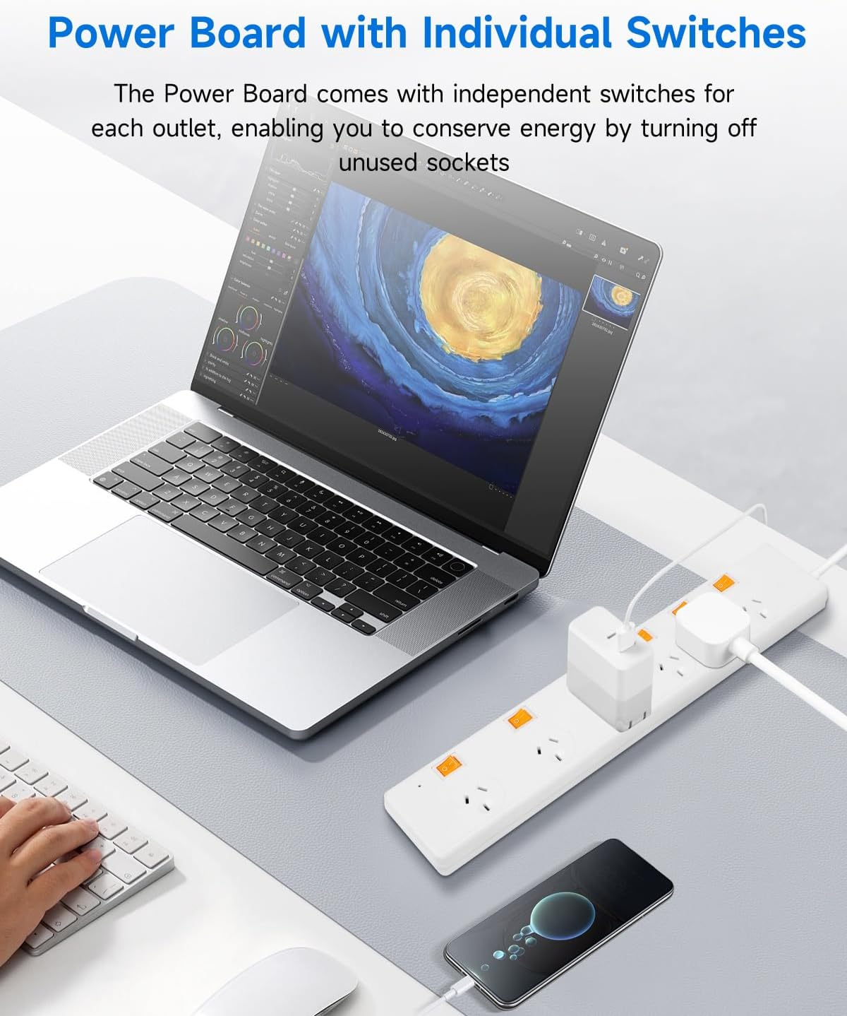 Surge Protector Power Board - 6 Widely Outlets with Individual Switch, LERLIUS Power Strip with 1.5M Extension Cord, 900J Surge Protection, Wall Mount, 2400W/10A/240V, White image number 6