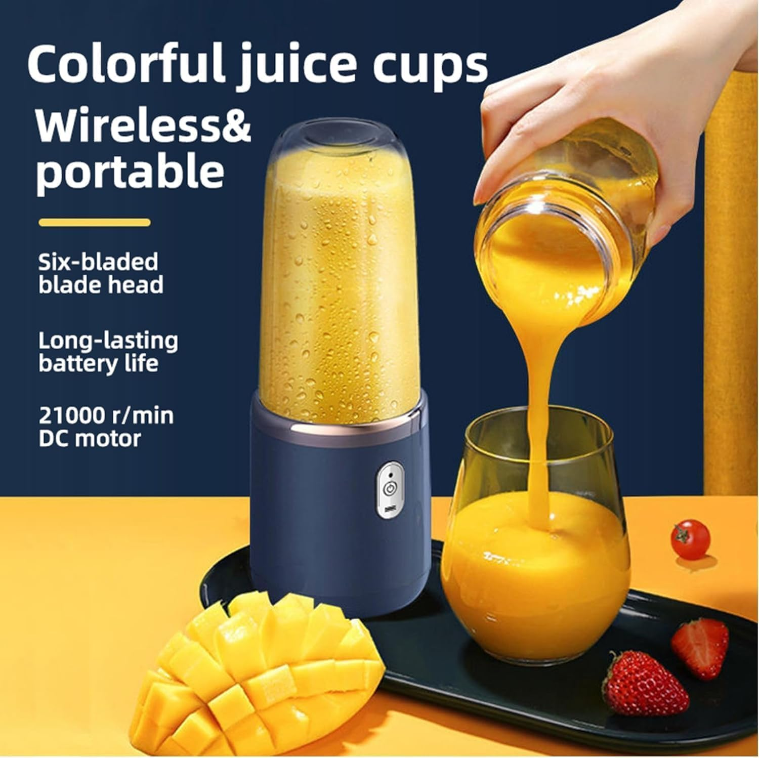 Portable Blender, Wireless Juicer, USB Rechargeable Smoothie Blend with 6 Sharp Blades and Double Cup, Travel Lid, Waterproof Blender for Kitchen with Seal Cover, for Outdoor Office Travel (Blue) image number 2