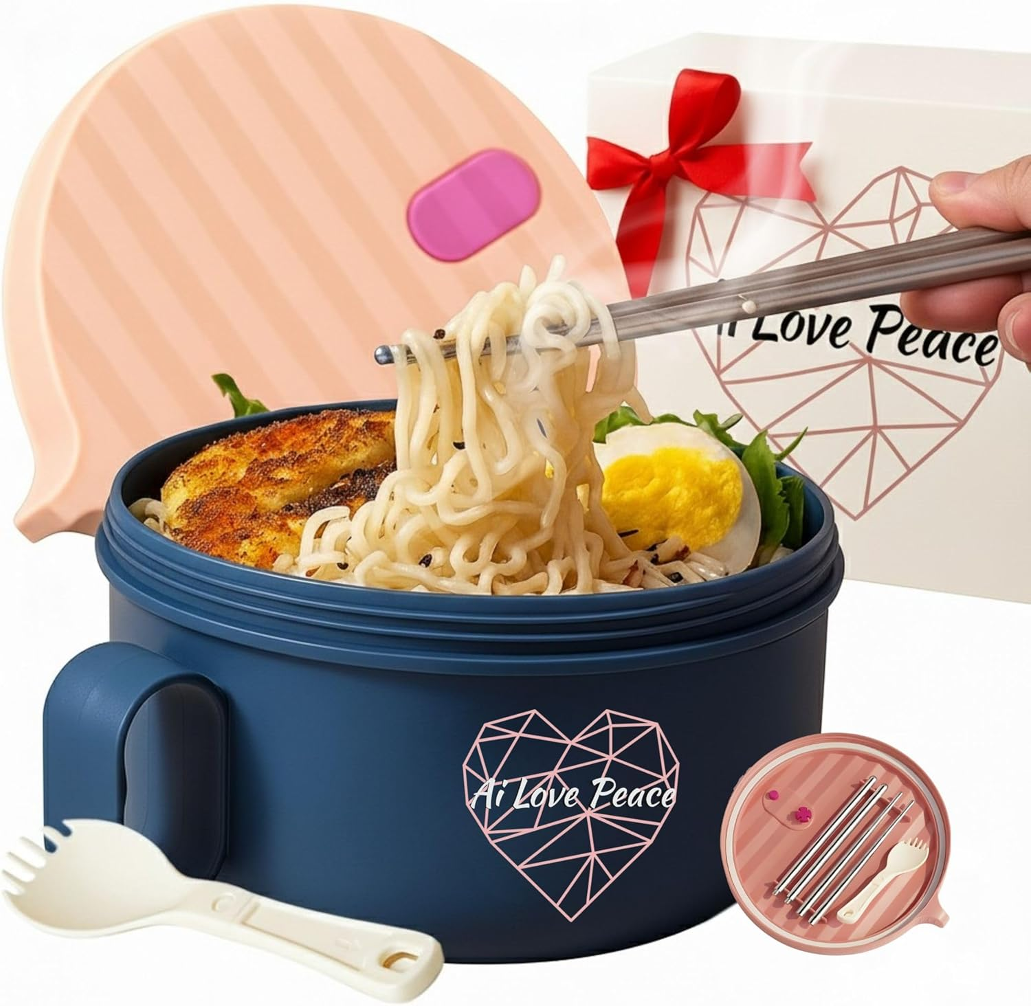 Ai Love Peace Ramen Bowl, 40 Oz Microwaveable Noodle Cooker for Ramen, Pho, Soup, and Pasta, Dishwasher Safe and Portable, Ideal for Home, Office, Dorm, or Gift (Purple)
