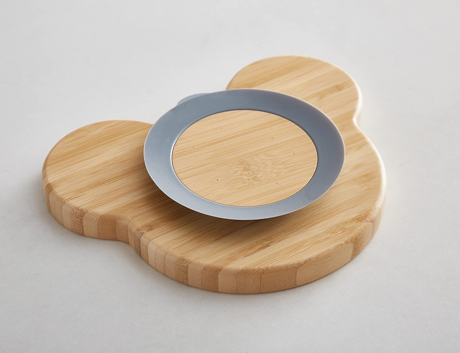 Bamboo Baby Silicone Suction Plate & Spoon Set for Toddler Kids Self Feeding - Wood Handled Spoon with Silicone Tips - Non-Slip Stay Put Divided Weaning Set for High Chair (Fancy Grey)