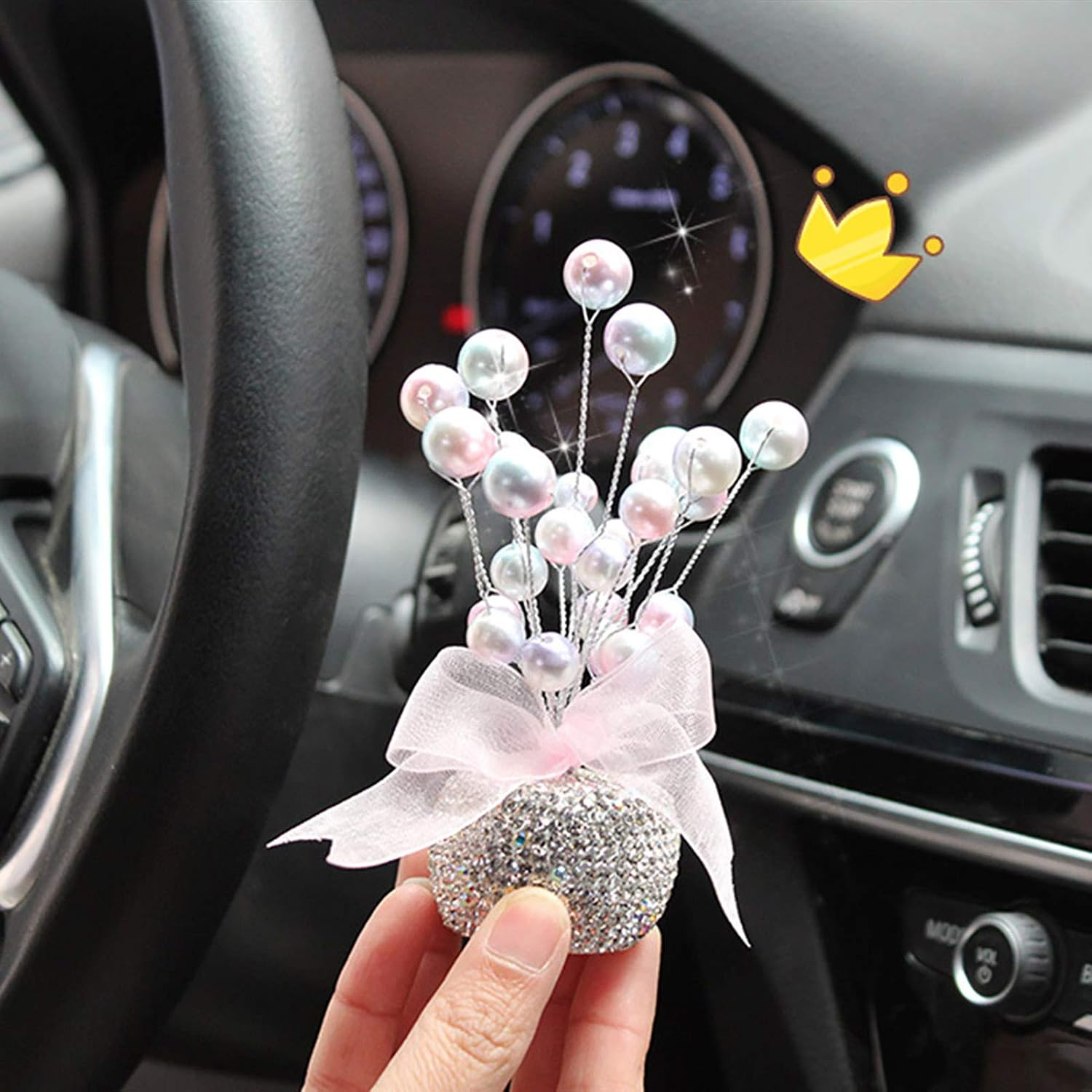 Bling Car Dashboard Display Decorations, Auto Colorful Pearls and White Rhinestones Crystal Decor Flower, Pink Cute Bling Interior Car Accessories for Women, Girl image number 1
