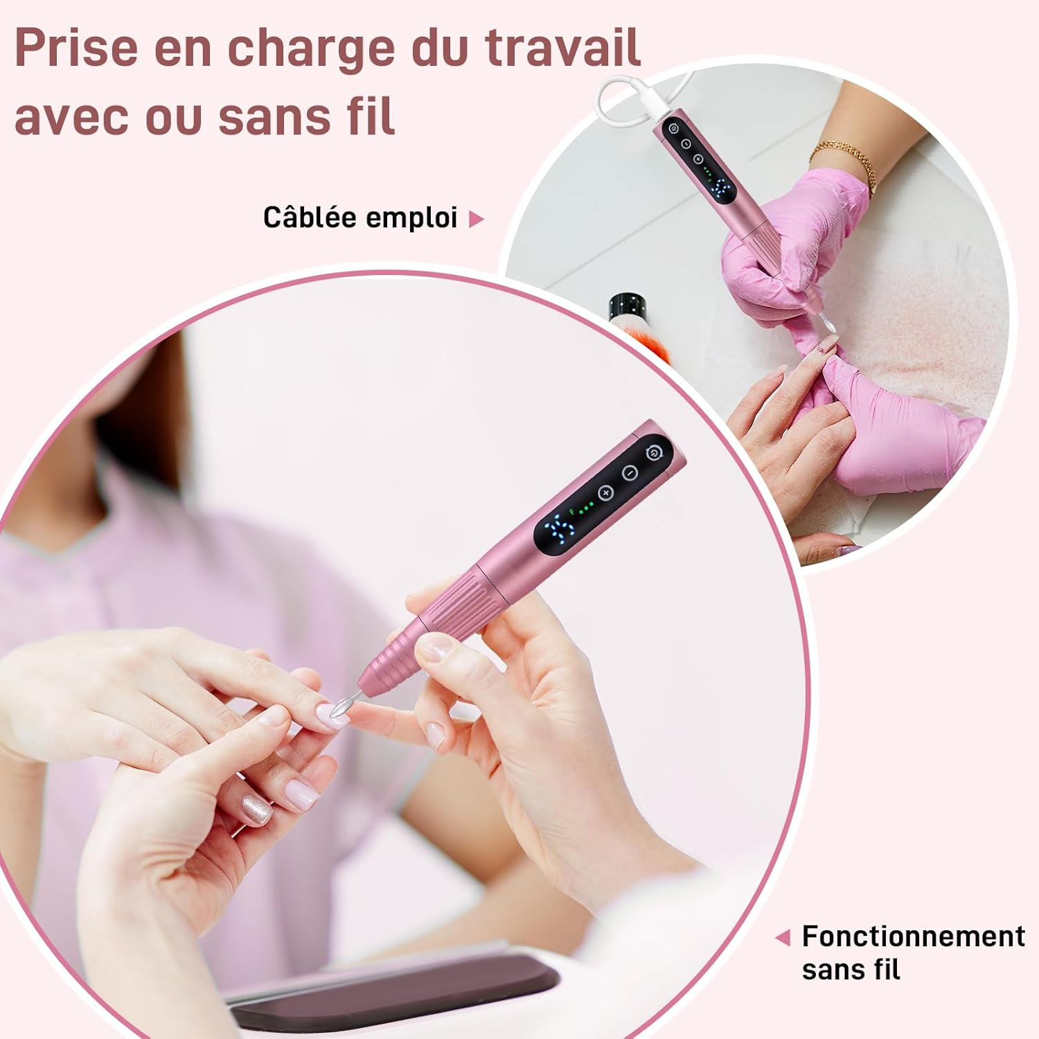 Electric Nail Drill 35000RPM,WEIKILLY Rechargeable Cordless Nail File,Professional Acrylic Gel Electric Nail Drill Machine for DIY Manicure and Pedicure,Portable Home Travel or Salon Use (Pink) image number 4