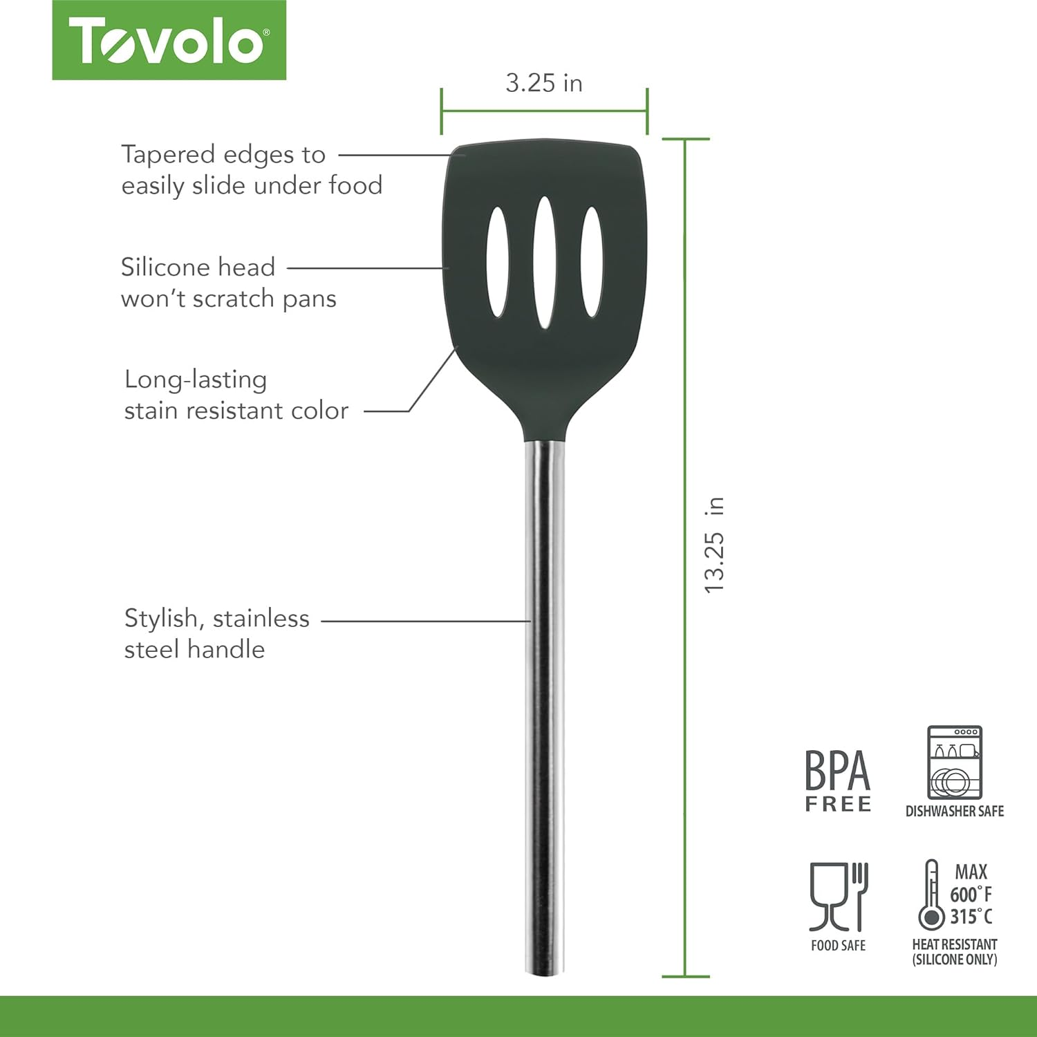 Tovolo Silicone Slotted Turner with Stainless Steel Handle (Charcoal) - Kitchen Utensil & Gadget Essential for Non-Stick Cookware, Apartment, & New Home/Scratch-Resistant, Bpa-Free, Dishwasher-Safe - Charcoal image number 2