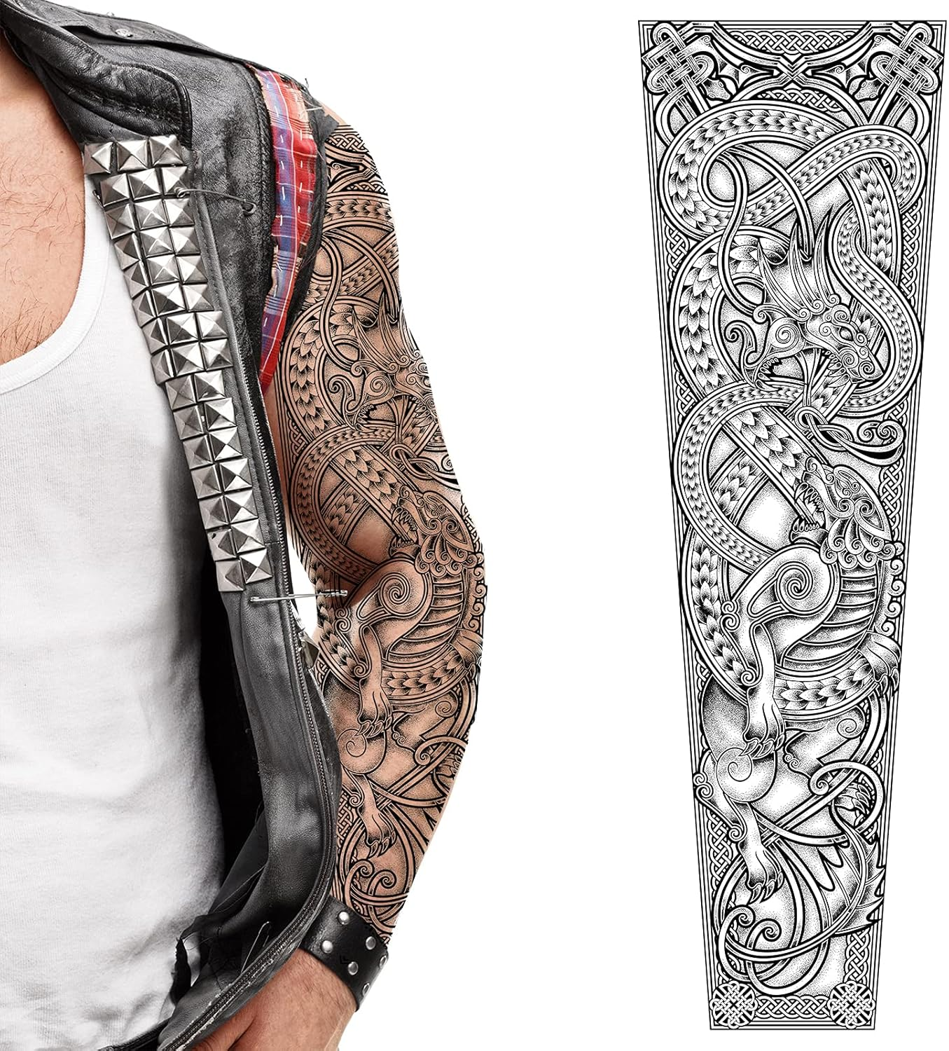 2X Dragon Temporary Tattoo Full Arm Body Art Stickers Nordic Compass Viking Celtic Tribal Middle Ages Medieval Full Adults Kids Men Women Arm Leg Sleeves Fancy Dress Cosplay image number 4