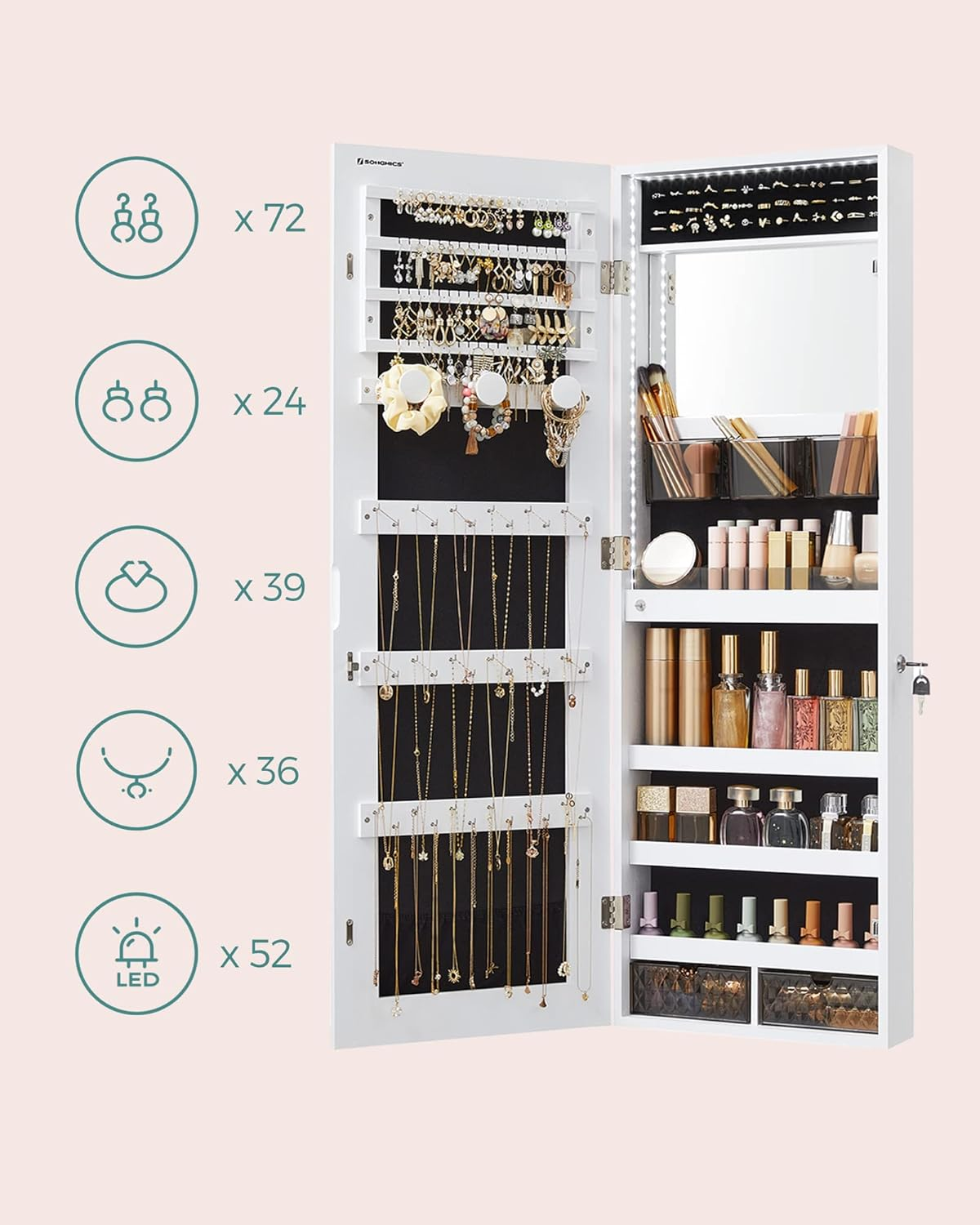SONGMICS Jewelry Cabinet Armoire Organizer with LED Lights, Wall-Mounted Storage Cabinet with Full-Length Frameless Mirror, Built-In Makeup Mirror, 2 Drawers, Lockable, White UJJC013W01 image number 4