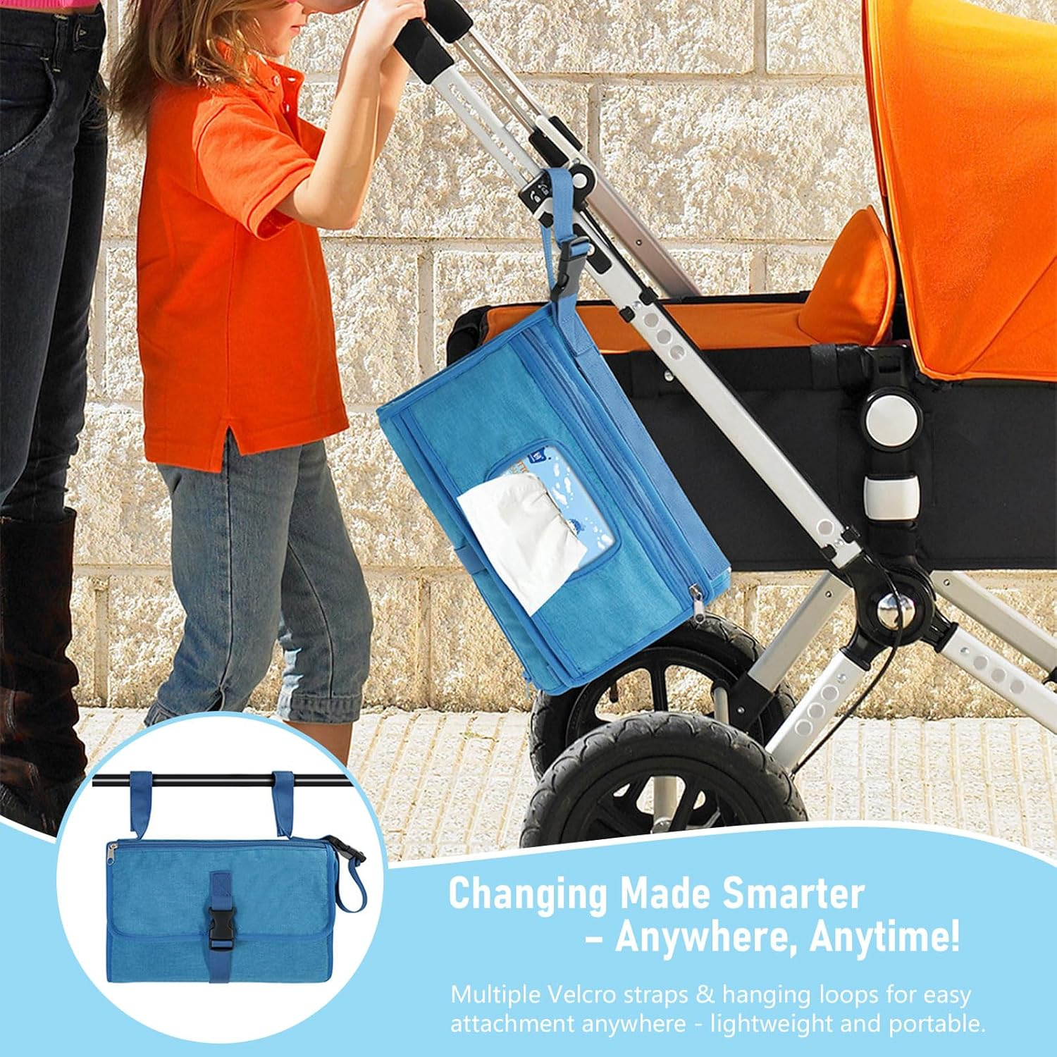 Baby Changing Mat Portable Waterproof Foldable Travel Diaper Changing Pad with Smart Wipes Pocket Lightweight Compact for On-The-Go Ideal Newborn Shower Gift for Boys & Girls (Blue) image number 2