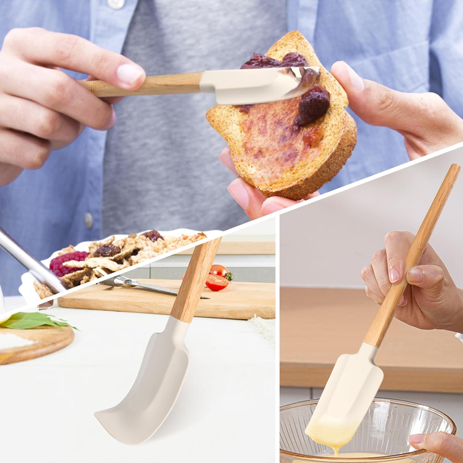 Wooden Handle Spatula Set, 12" & 9" Rubber Spatula Silicone Spatulas for Baking Cooking and Mixing. image number 1