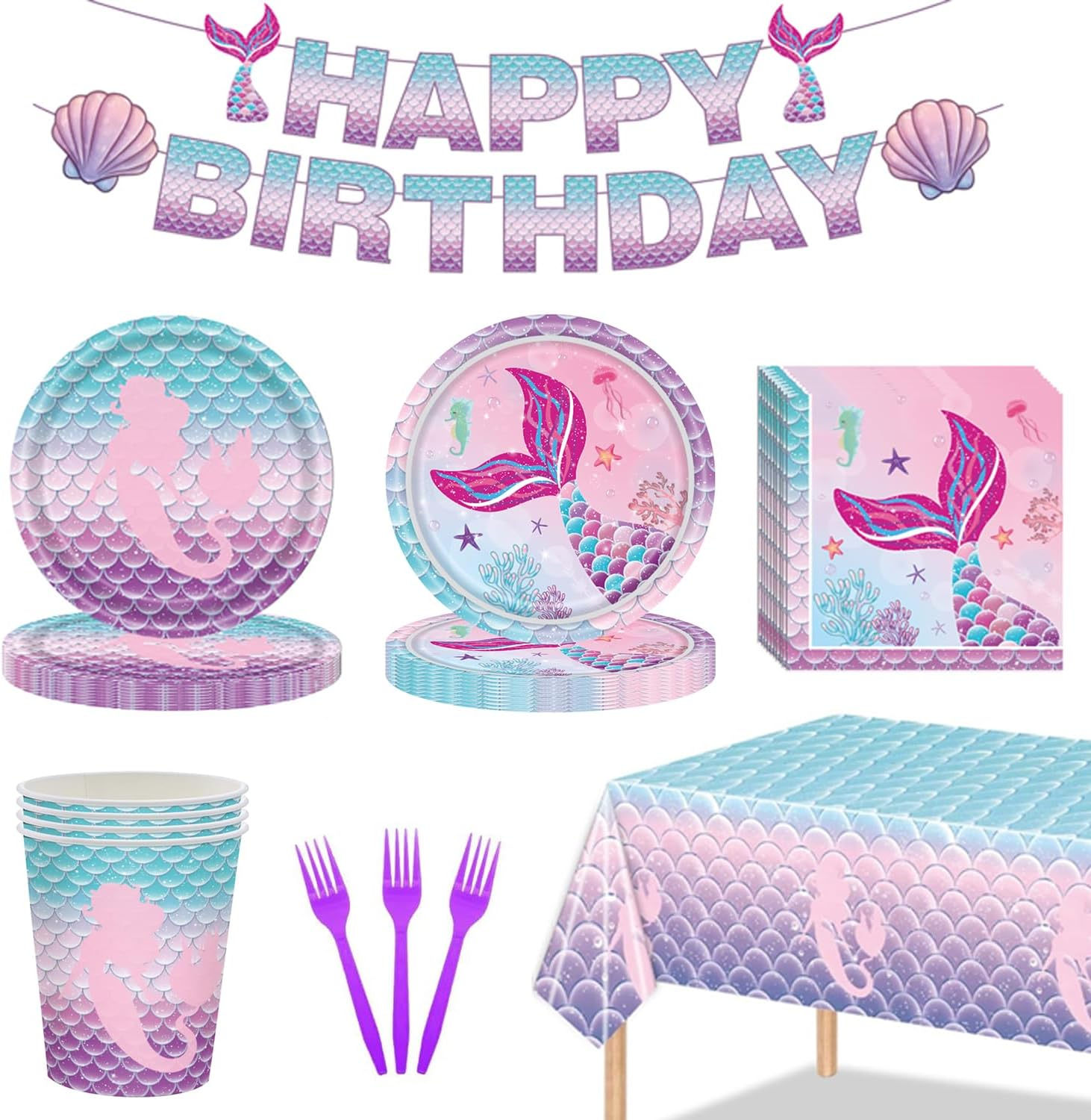 Mermaid Birthday Party Decorations Set Mermaid Reusable Party Supplies Includes Plates, Fork, Cup, Tablecloth, Banner for Ocean Birthday Party Decorations, Serves 24 image number 3
