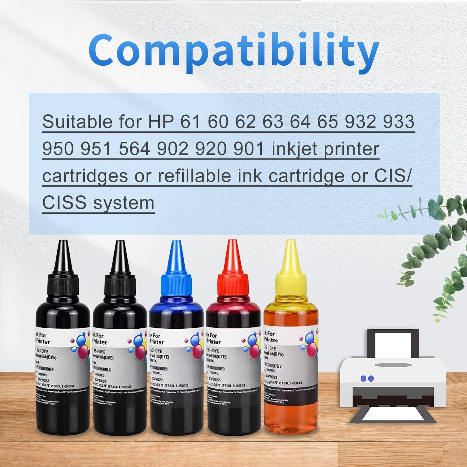 Ink Refill Kit for HP 60 61 63 64 65 902 932 952 950 951 564 Refillable Ink Cartridge for HP Envy 4500 4520 5643 Officejet 6500A 6500 6000(5X100Ml 2 Black, 1 Cyan. 1 Magenta, 1 Yellow) image number 6