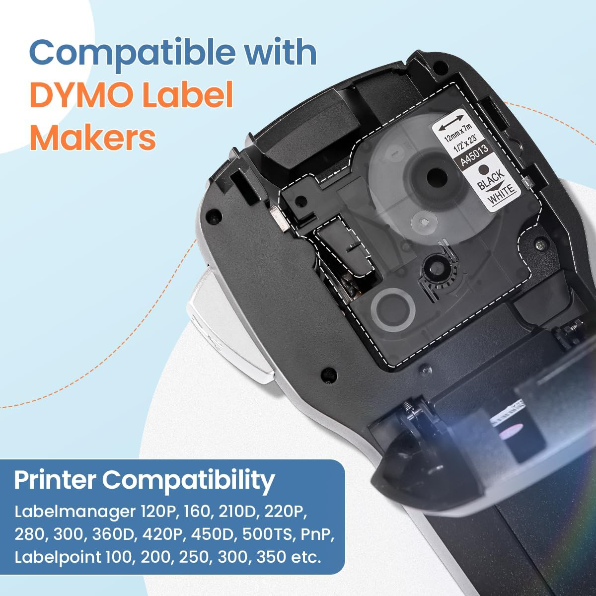 Replace for DYMO D1 Label Tape 45013 1/2 Inch X 23Ft Black on White A45013 45013S S0720530 Refills Compatible with Dymo Labelmanager 160 LM 280 210D 360D 420P Label Maker, 5-Pack image number 5