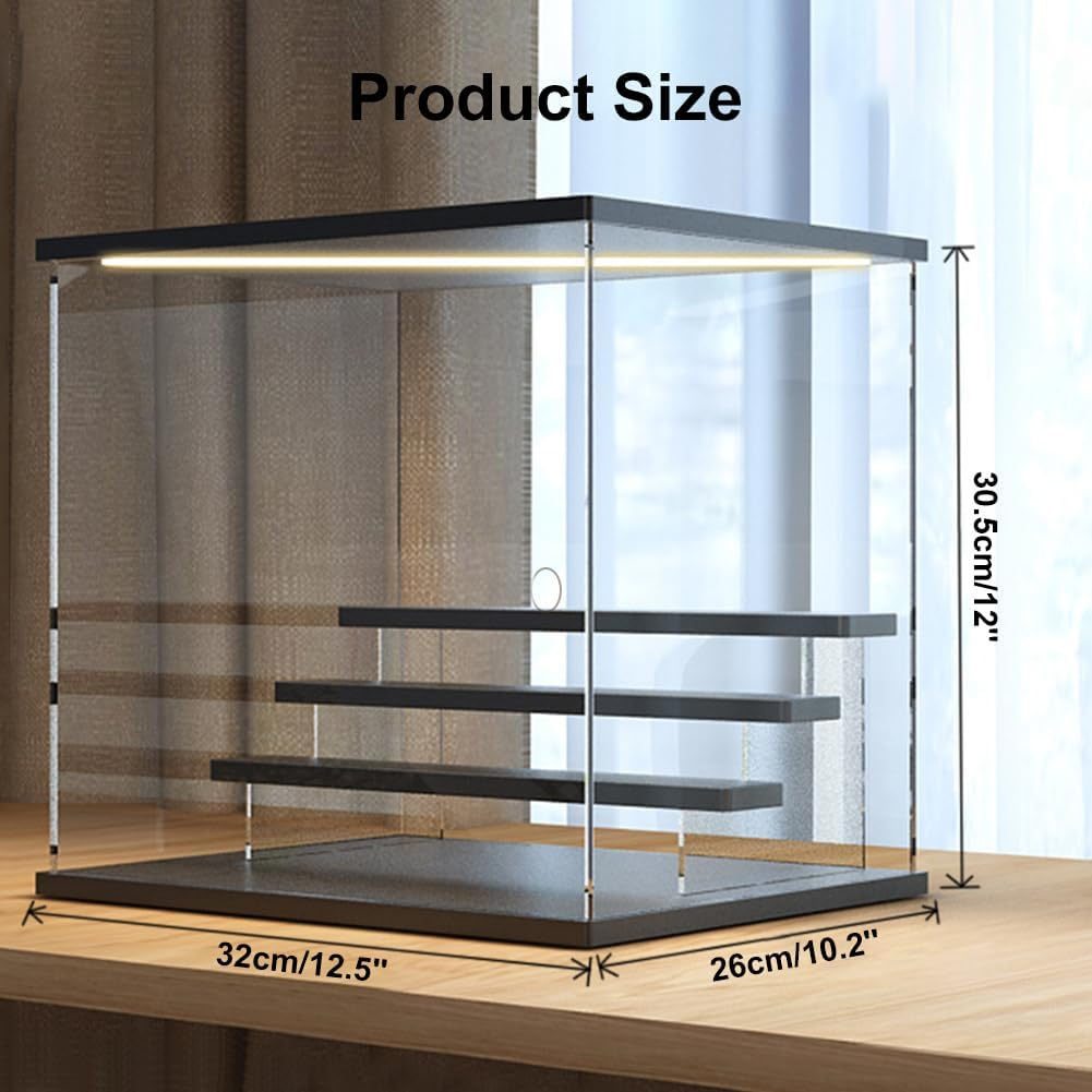 Clear Acrylic Display Case with 3-Color Light,4 Level Stand Display Box with Wooden Base Countertop Dustproof Showcase for Display Collectible Pop Figures and Toys,Toys Not (4 Tier Black) - 4 Tier Black image number 4