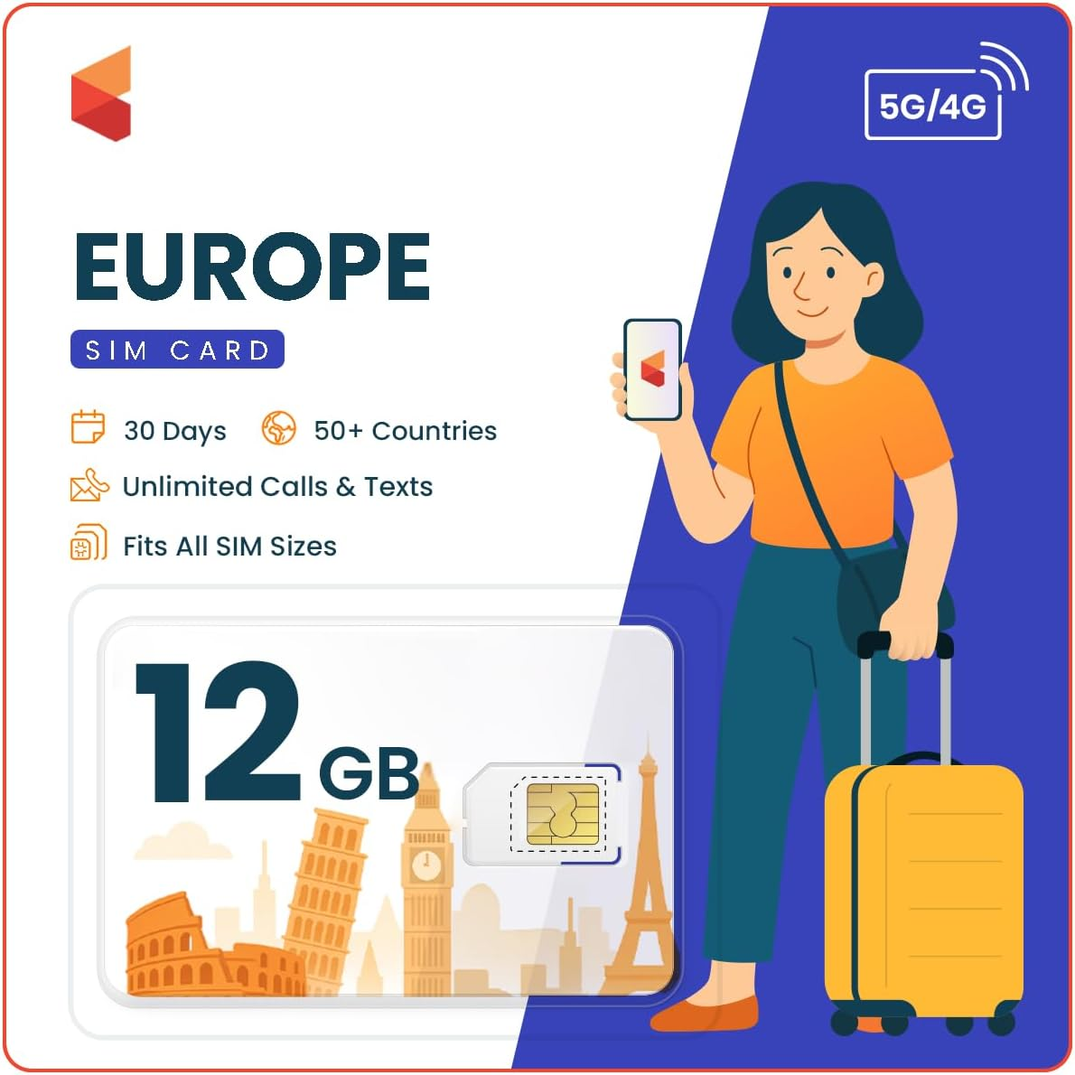 Simcorner Europe UK Travel SIM Card (12GB, 30 Days) - Prepaid SIM W/Data & Unlimited SMS & Calls to EU & UK Numbers - 3-In-1 Hotspot/Tethering Card: Standard, Micro, Nano SIM for Unlocked Phones
