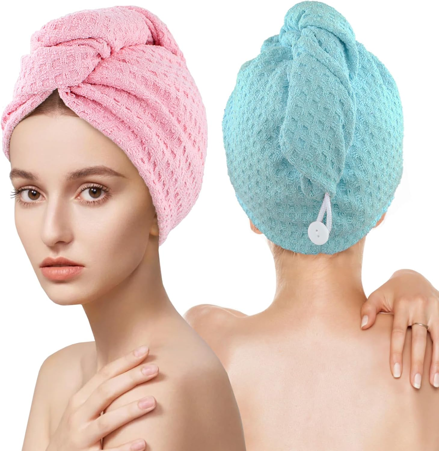 Microfiber Hair Drying Towel with Button 1Pack Khaki Waffle Long Hair Head Wraps Twist Plopping Curly Shower Turban Terry Cloth Fast Absorbent Dry anti Frizz Hair Wraps for Women Wet Hair - 2 Pack Pink image number 5