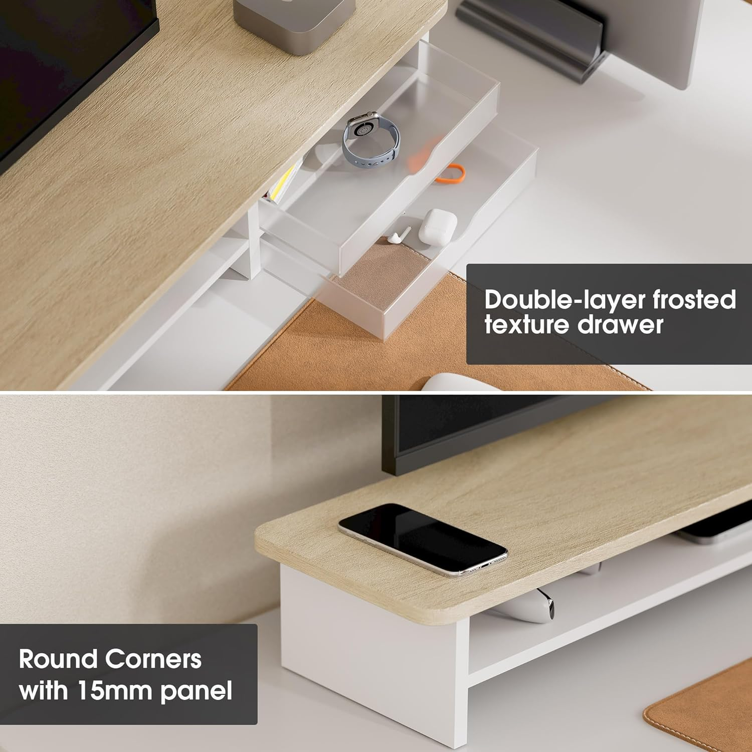 Fenge Dual Monitor Stand Riser with Drawers,2 Tier Wood & Acrylic Desktop Organizer for Computer, Laptop, Printer, TV Screen Riser,Oak image number 6