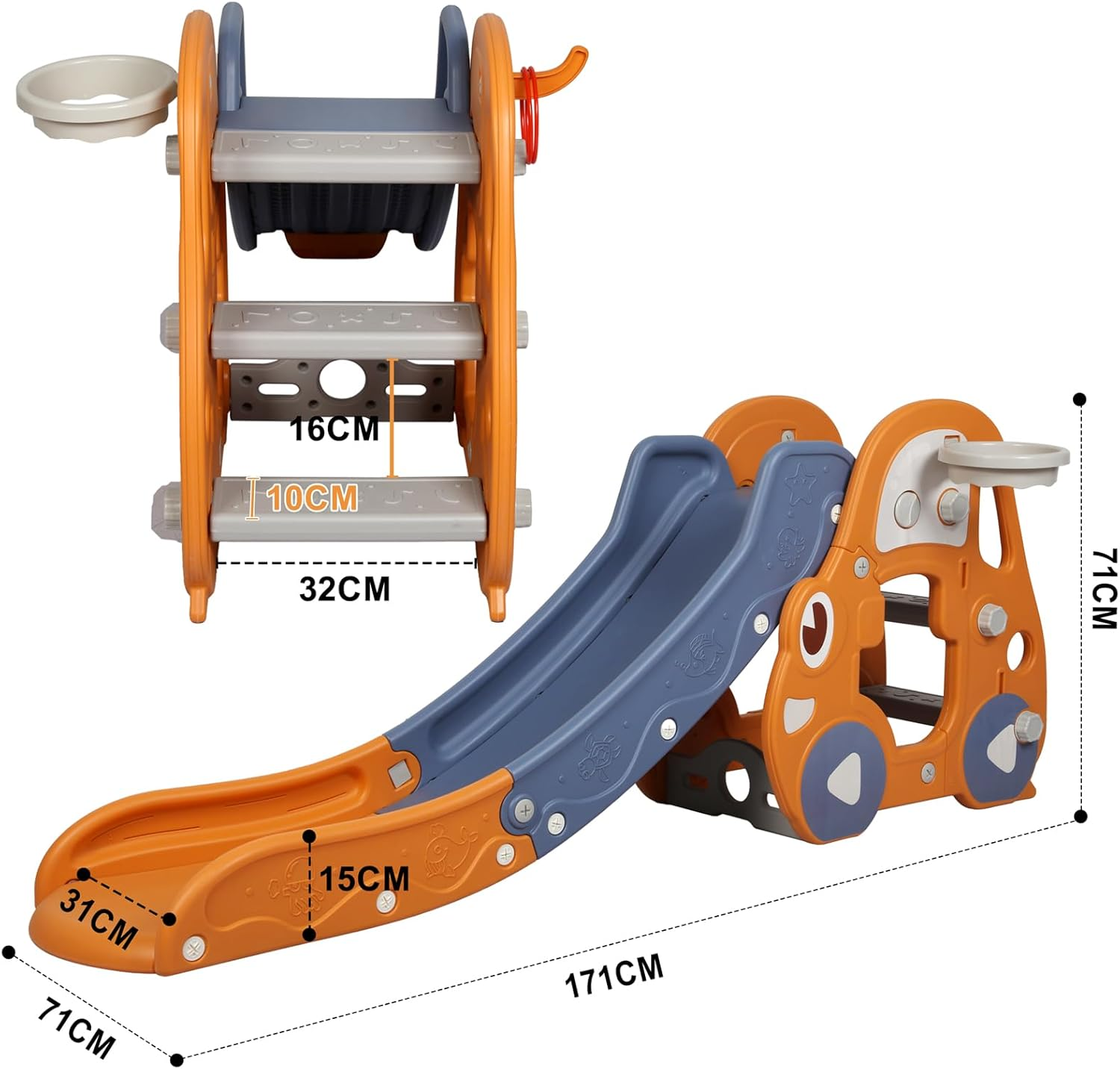 Bopeep 3 in 1 Kid Slide Set, with Climber Steps Basketball Hoop Indoor Outdoor Playground Activity Center Toy Stairs Foldable Playset Equipment,Toddlers for Age 2+ (Orange) image number 2