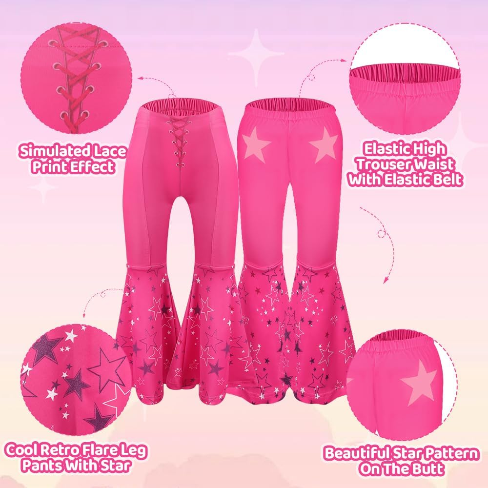 AUTOWT Girls Cowgirl Costume, 5 Pieces Movie Heroine Doll Cosplay Pink Cowgirl Outfit, 1970S 80S Hippie Disco Dress up with Pink Tank Top, Flared Pants, Earrings, Scarf Bag for Halloween Cosplay Party image number 5