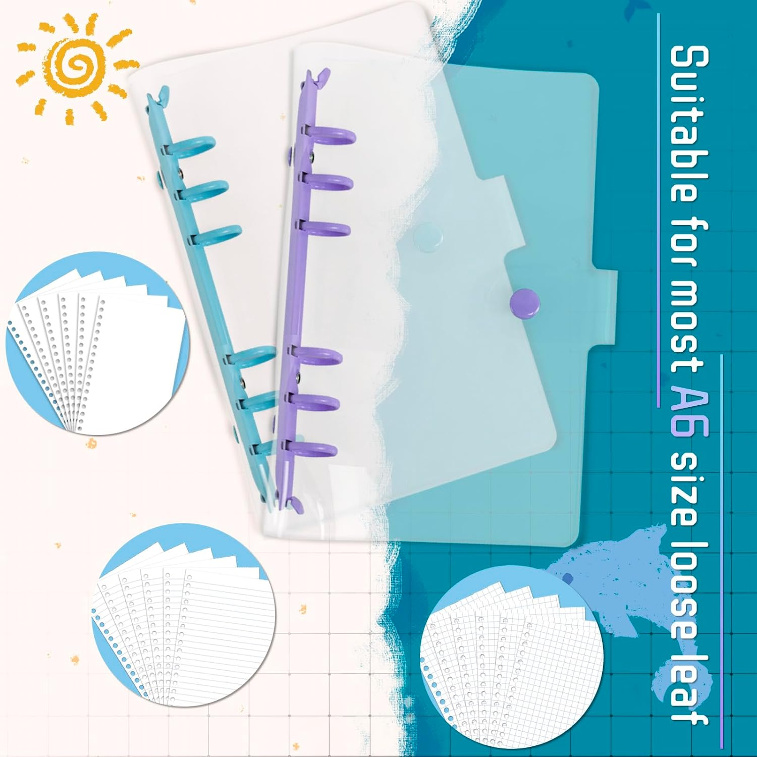 2 Pcs Clear A6 Notebook Binders 6 Ring Soft PVC Budget Binders Transparent A6 Planner Binder round Ring Binder Cover for Refillable Notebook School, Meeting, Office (Blue and Purple) image number 3