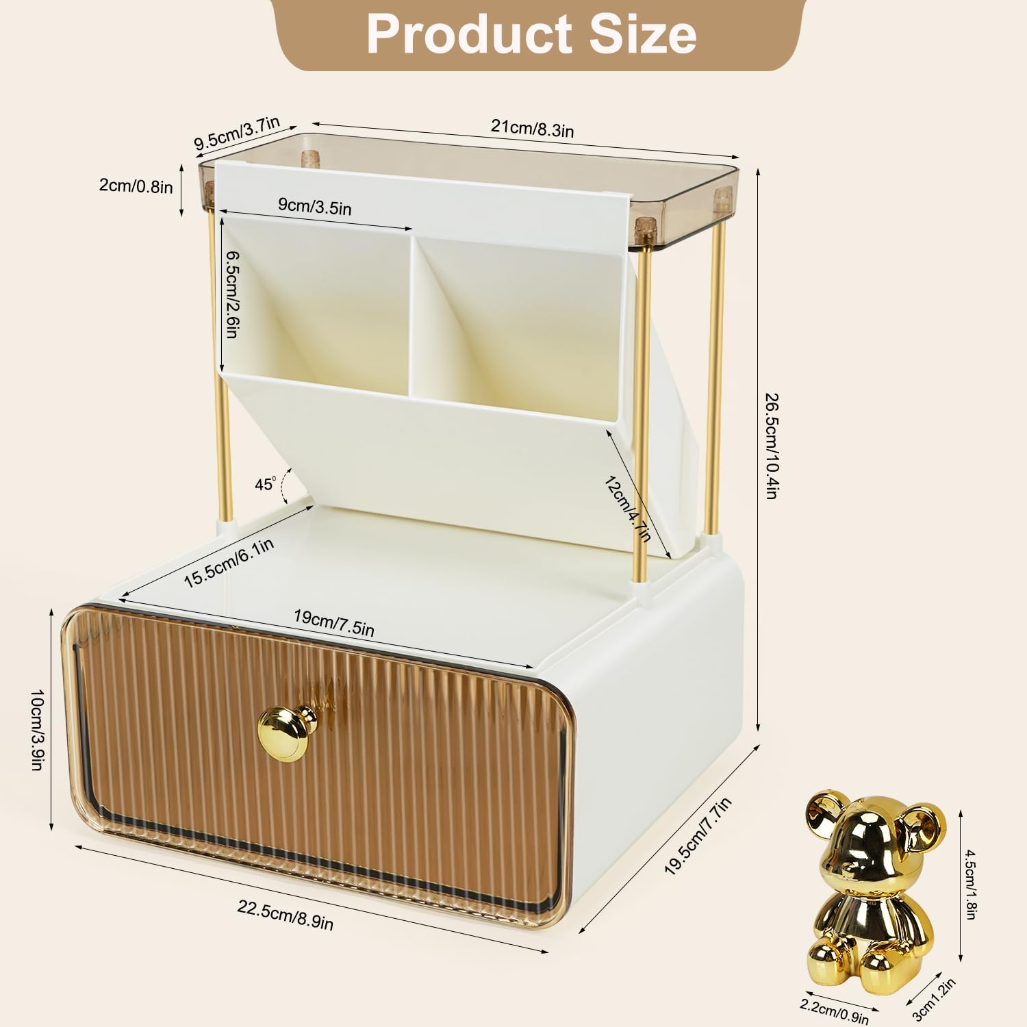 Makeup Organizer Countertop 2-Tier 1-Drawer Cosmetics Organiser Skincare Makeup Organiser Shelf Brush Holder Vanity Organiser (Amber) image number 4