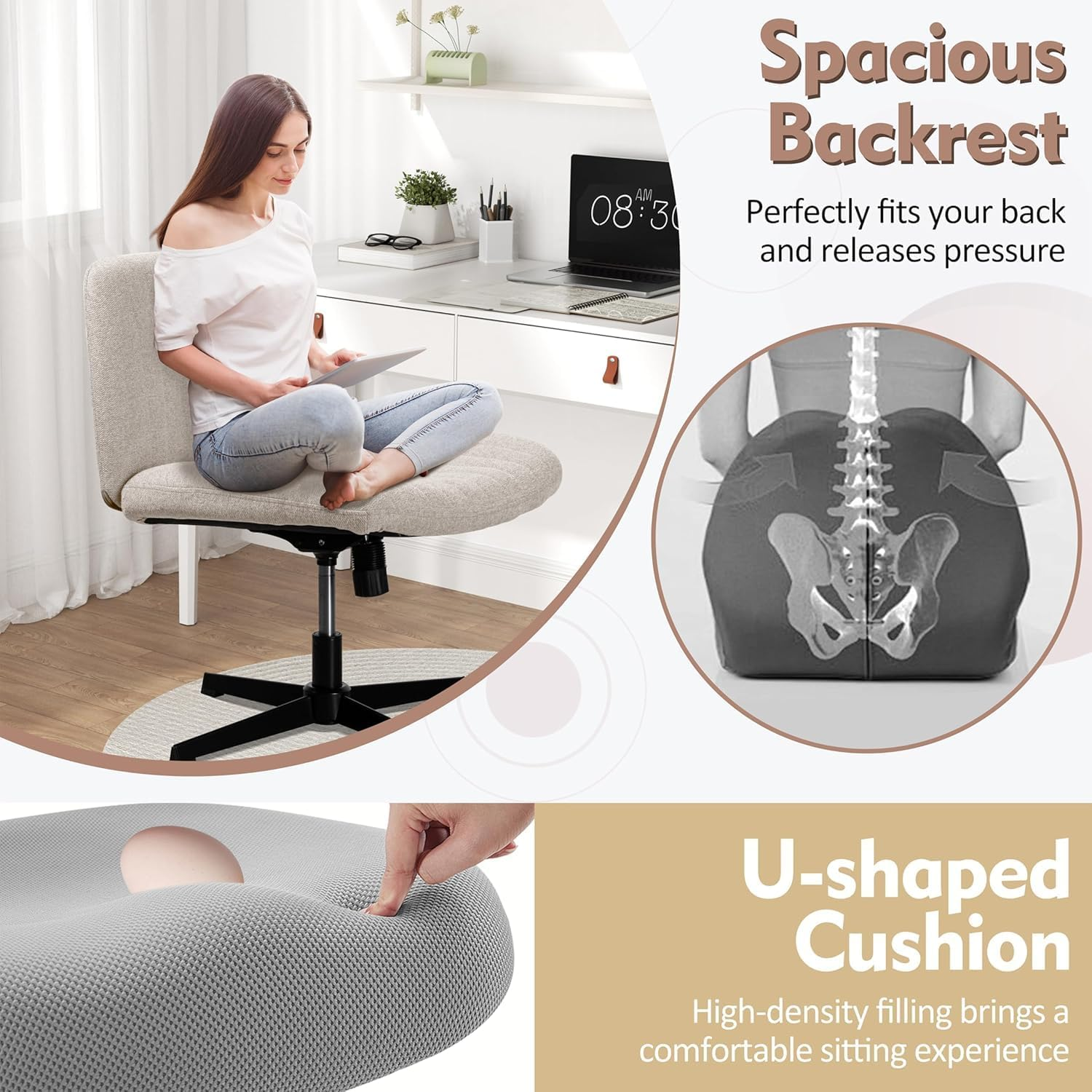 Cross Legged Desk Chair-Wide Seat Fabric Armless Chair Cloth Surface with Wheels and Back, Swivel Desk Chair for Home, Make Up, Bedroom Computer Task Chair, Beige image number 5