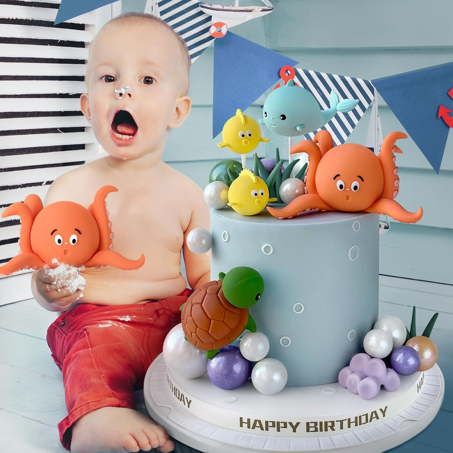 22 PCS under the Sea Cake Decorations Ocean Animals Cake Topper with Cake Balls Decorations for under the Sea Theme Boys Girls Baby Shower Birthday Party Supplies image number 5