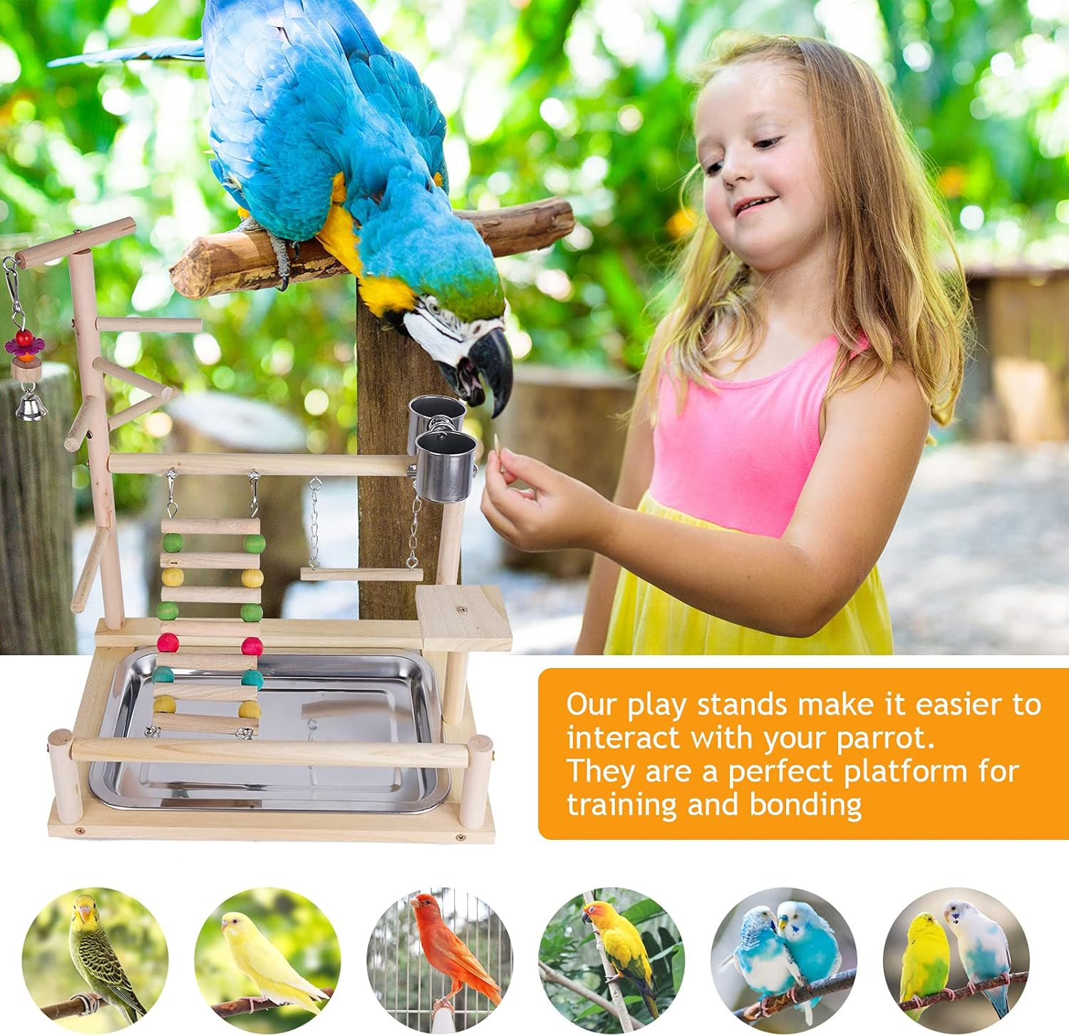 Bird Play Stand, Wooden Bird Playground for Parrots, Parakeet, Cockatiel, Lovebirds, Conures, Budgie, Cockatoos (14.57 * 10.24 * 17.32IN) - (36,5*23*57Cm) image number 4