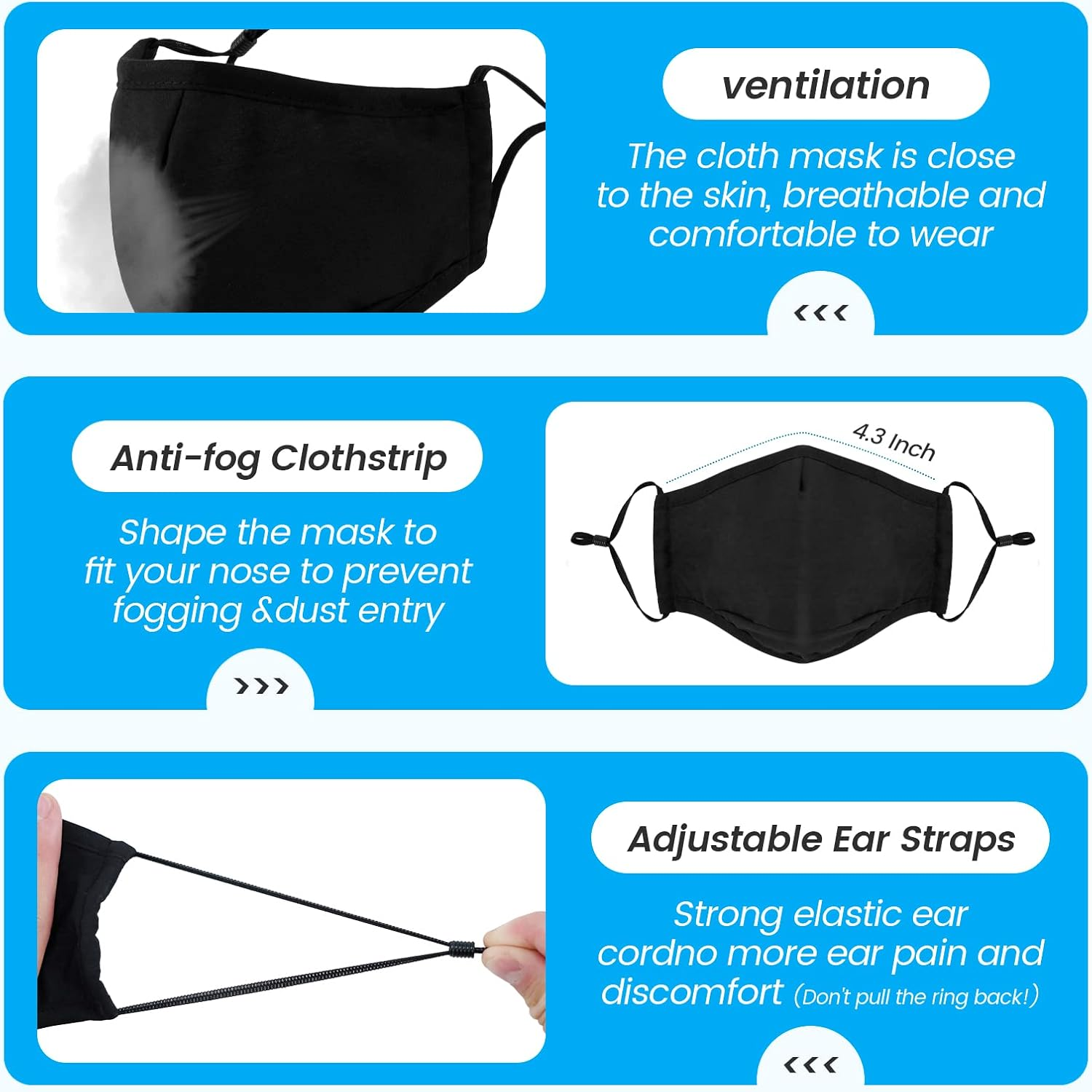 3-Ply Cloth Face Mask 6 Pack,Washable, Reusable and Breathable Face Covering with Adjustable Ear Protection Loops for Women and Men image number 5