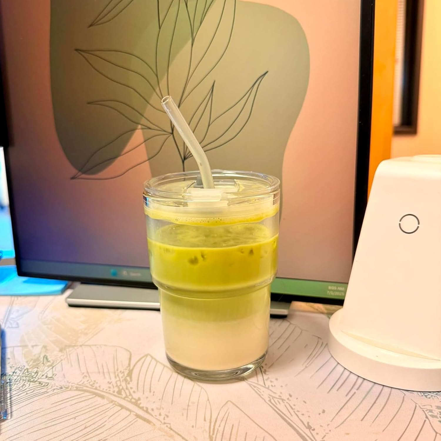 13Oz Glass Tumbler with Straw and Lid Sealed, Carry on Reusable Iced Coffee Cups,Thick Wall Glass Coffee Drinking Glassware Cups image number 3