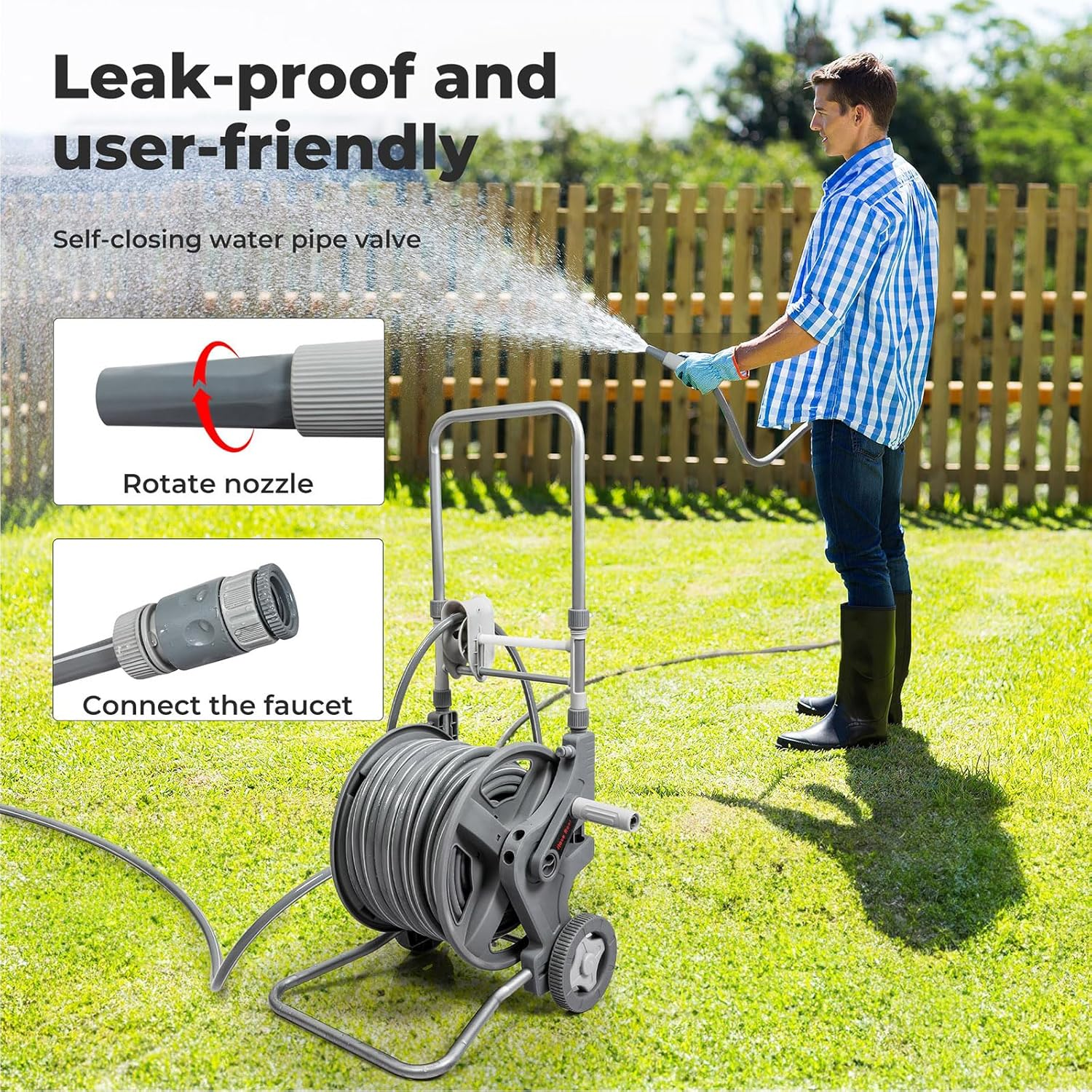 Traderight 45M Portable Water Hose Reel Holder, 1/2'', 2 Nozzle Modes, Self-Closing Water Pipe Valve, Push Cart with Stable Wheels, Garden Watering Car Washing Pet Bathing, PP PVC Material, Outside image number 1