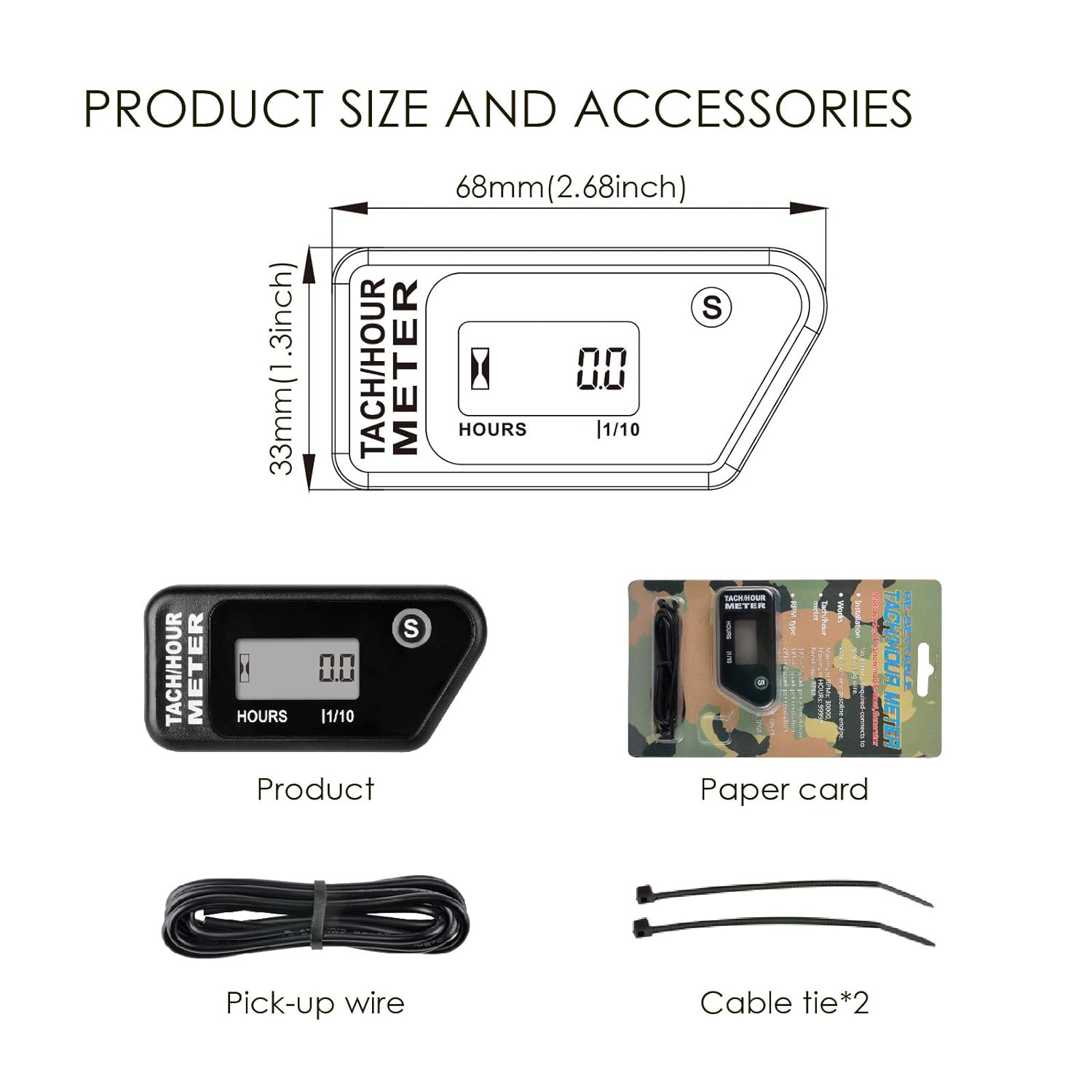 Jayron Digital LCD Tachometer Inductive Tach Hour Meter Display Max RPM Waterproof for Most Gas Engine Marine ATV Generator Lawn Tractor Motorcycle (Black) - Black image number 5