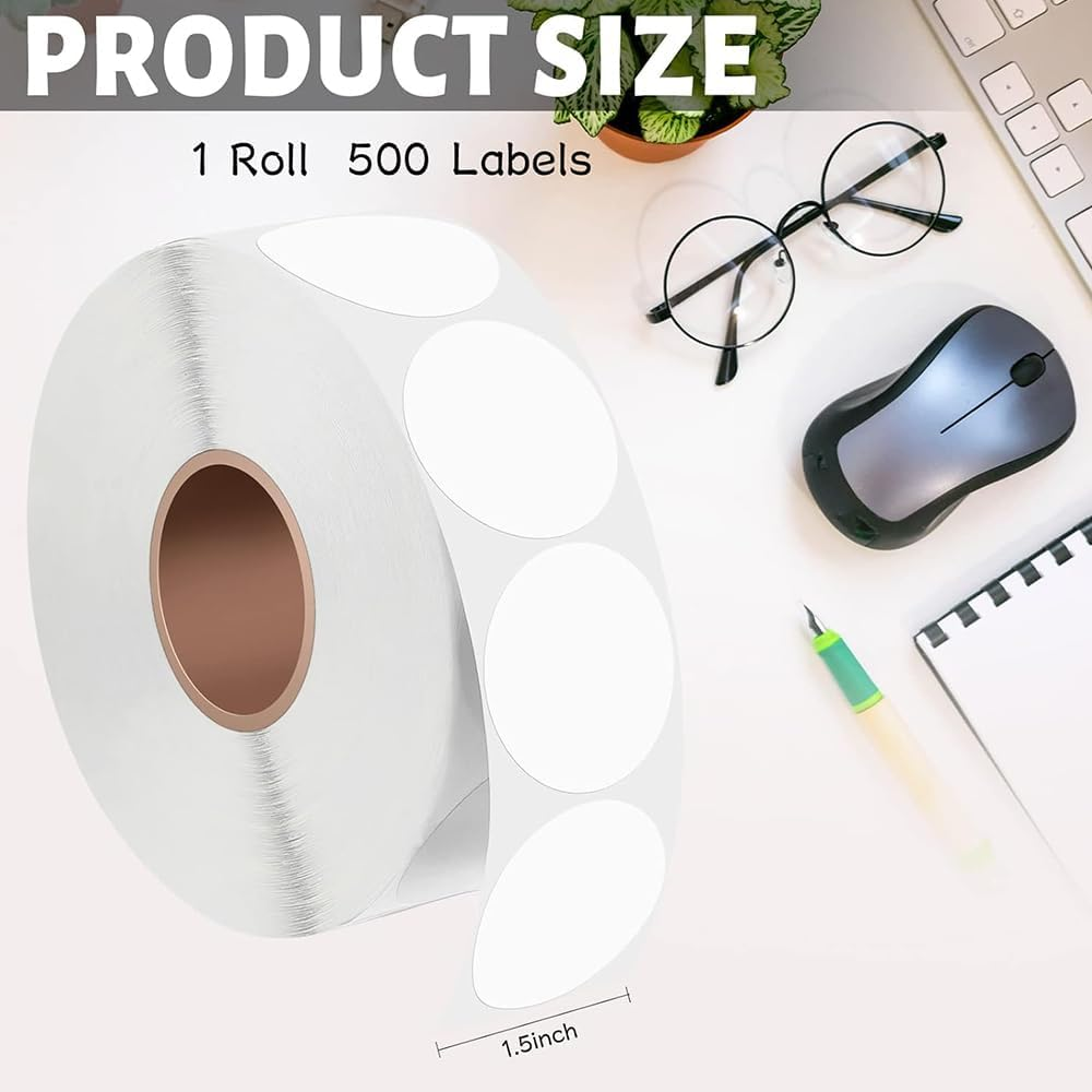 1.5 Inches Circle Thermal Sticker Labels - 500 PCS Self-Adhesive round Direct Thermal Printer Labels for Name Tag, Address, Logo Design, Shipping, DIY Design, QR Code