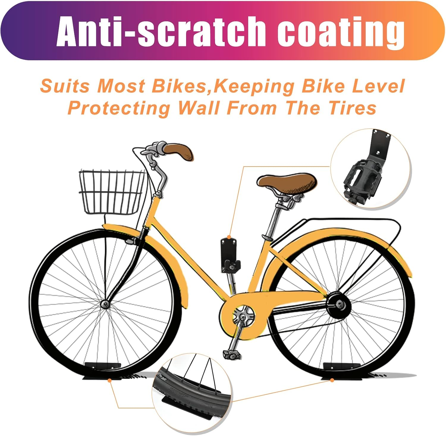 3Pack Wall Mount Pedal Hanger Bike Rack for Garage Storage - Heavy Duty Horizontal Hooks for Bicycle Wall Storage image number 1