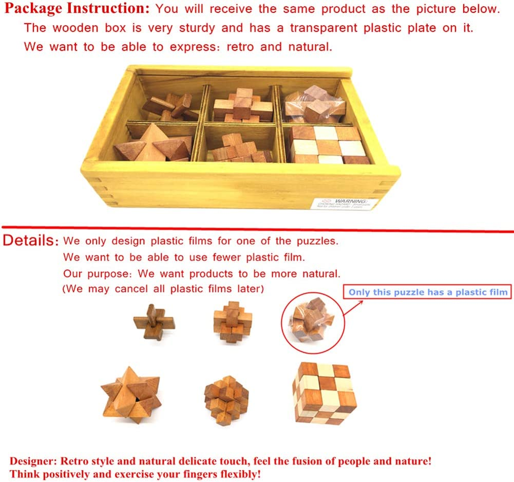 Guaishou 6-In-One 3D Luxury Wooden Brain Puzzle Teaser Kongming Lock for Teens and Adults Includes Storage Box image number 4