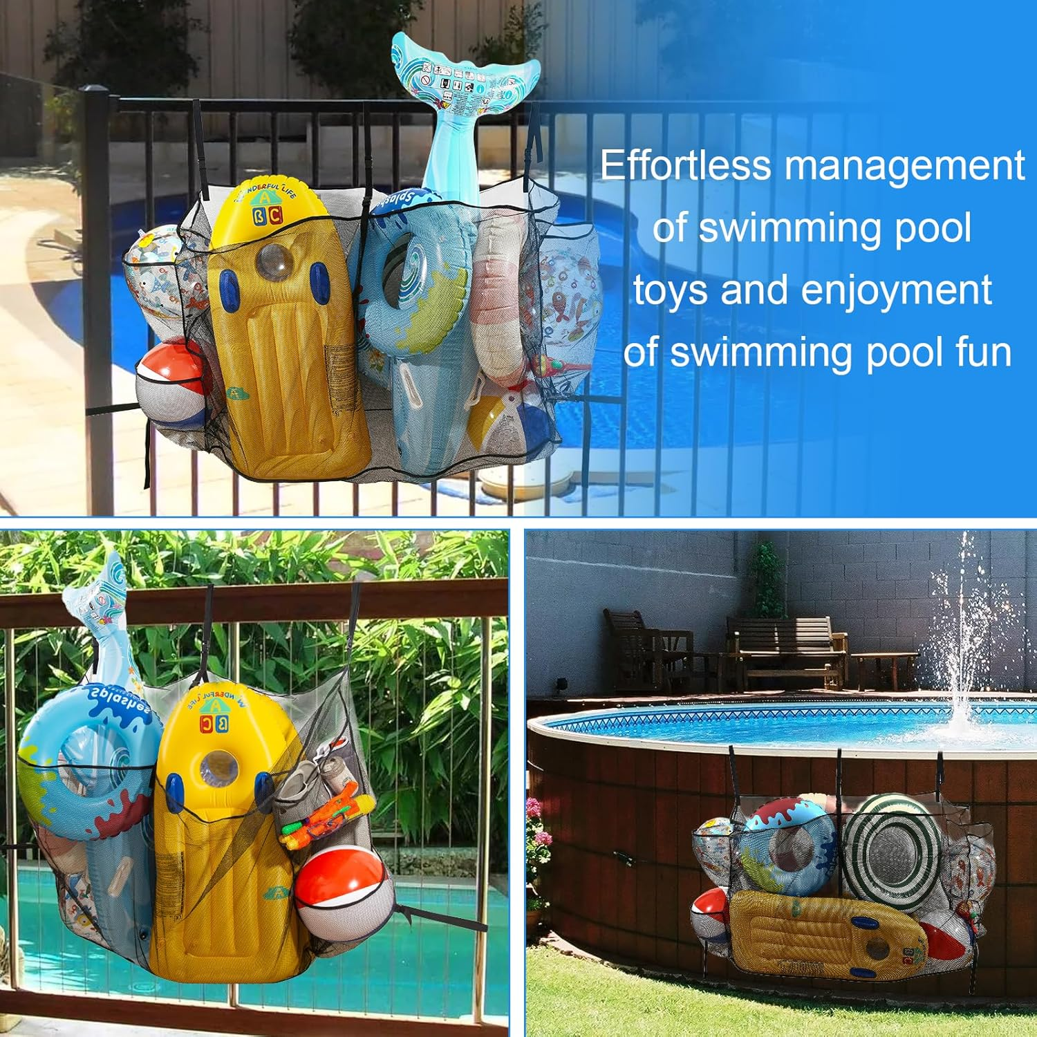 Pool Float Storage Bag,Adjustable Pool Toys Organizer Hanging Mesh Bag with 3 Side Pockets for Rafts,Balls,Floats,Inflatable Toys,High Strength Pool Toy Storage Net Bag,Swimming Pool Accessories image number 1