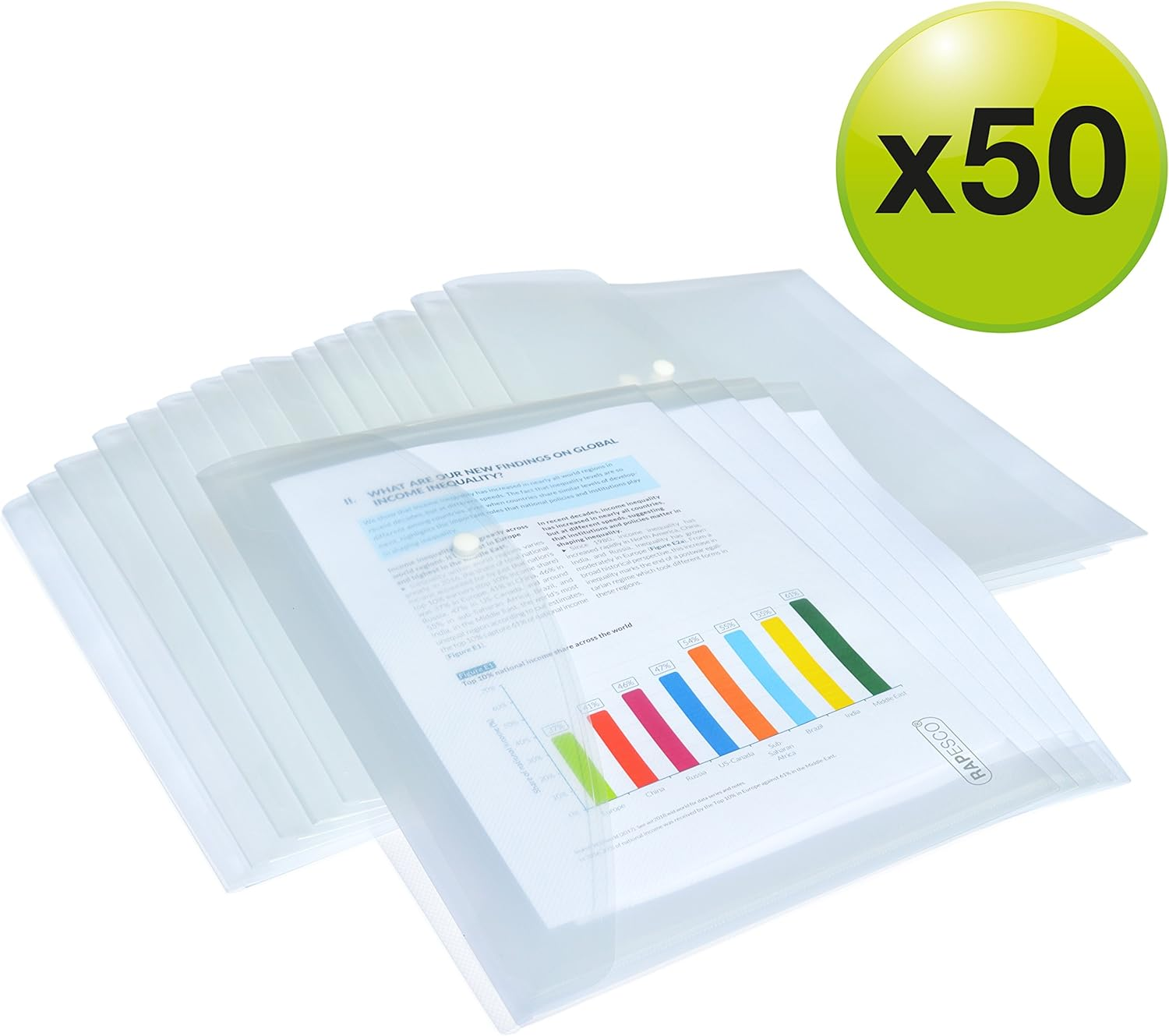 Rapesco 1497 A4/Foolscap Plastic Popper Wallet, Clear Transparent, Pack of 50 image number 2