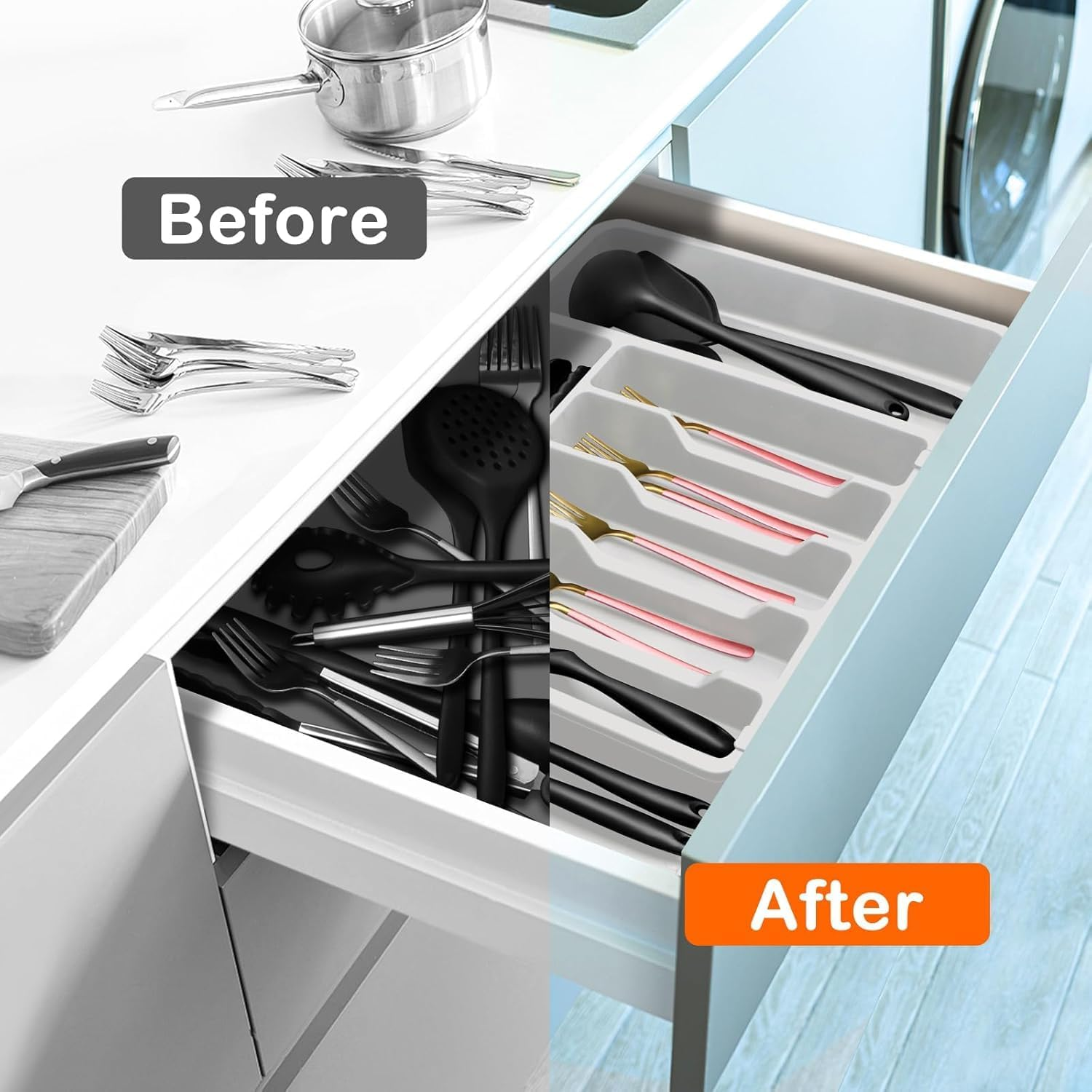 TCOTBE Cutlery Drawer Organiser, Expandable Utensil Tray for Kitchen, Adjustable Silverware and Flatware Holder, Compact Plastic Storage for Spoons Forks Knives, Large (White) image number 1