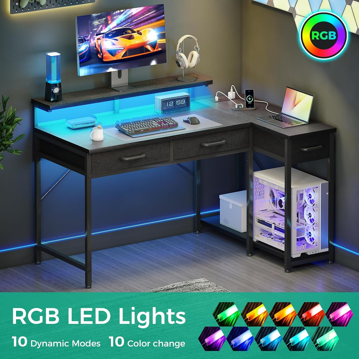 ODK L Shaped Computer Desk with 10 Colour RGB LED Lights&2 AC Outlets, Home Office Desk with Flexible Monitor Stand, Corner Desk with 3 Drawers Reversible Storage Shelves，126 * 80 * 92.7Cm, Black image number 2