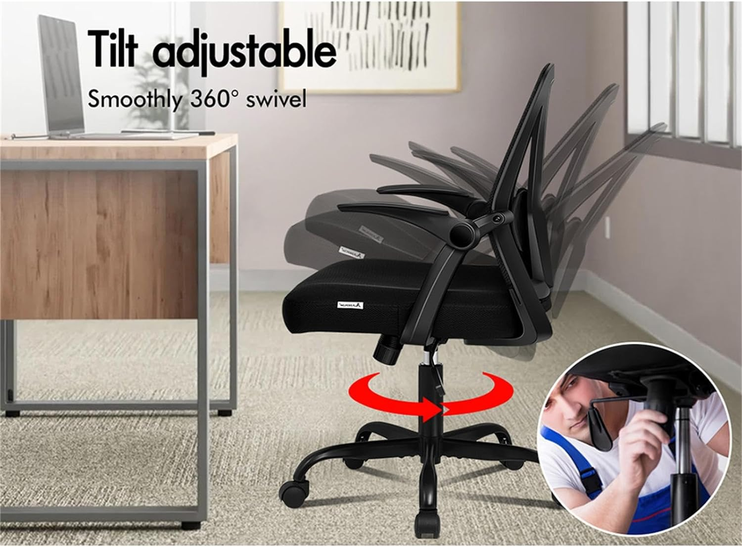 ALFORDSON Mesh Office Chair with Tilt and Height Adjustment, Mid-Back Executive Swivel Fabric Chair with Lumbar Support & Flip-Up Armrest, Gaming Racing Computer Desk Chair for Home Office, All Black image number 2